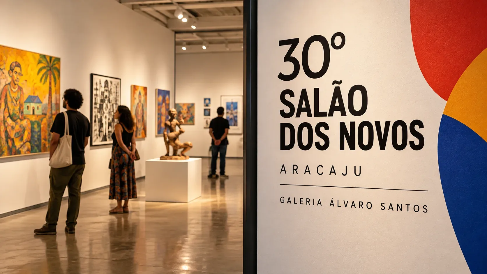 Ilustração editorial de visitantes observando pinturas e uma escultura em galeria de arte, ao lado de painel com o título 30º Salão dos Novos e Galeria Álvaro Santos.