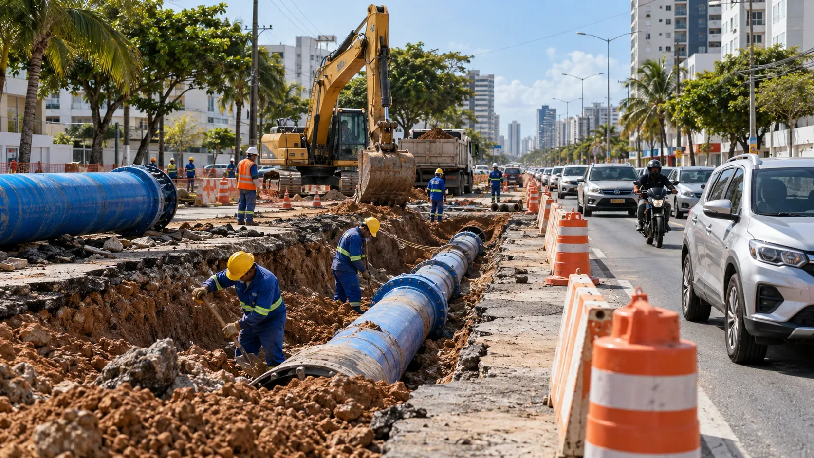 Ilustração editorial de uma avenida em obras com tubulações azuis expostas, operários, escavadeira, barreiras e carros em faixa liberada.