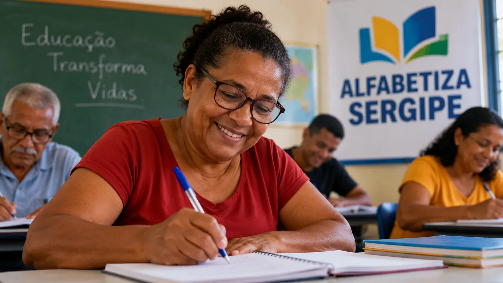 Ilustração editorial de mulher adulta com óculos escrevendo em caderno numa sala de aula, com outros estudantes, quadro verde e painel do Alfabetiza Sergipe.