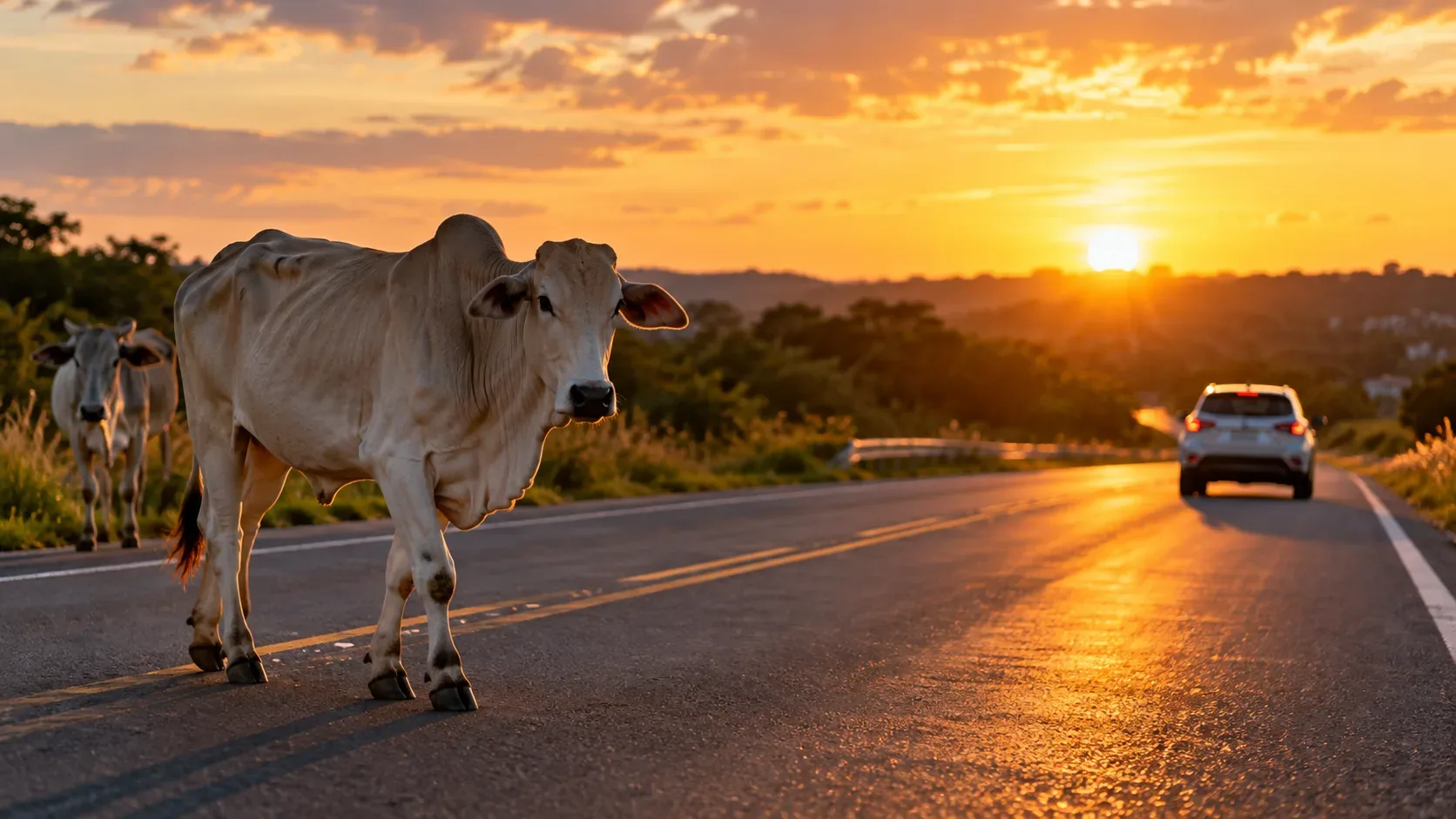 Ilustração editorial de dois bovinos junto a uma rodovia rural ao pôr do sol, com um carro ao fundo.
