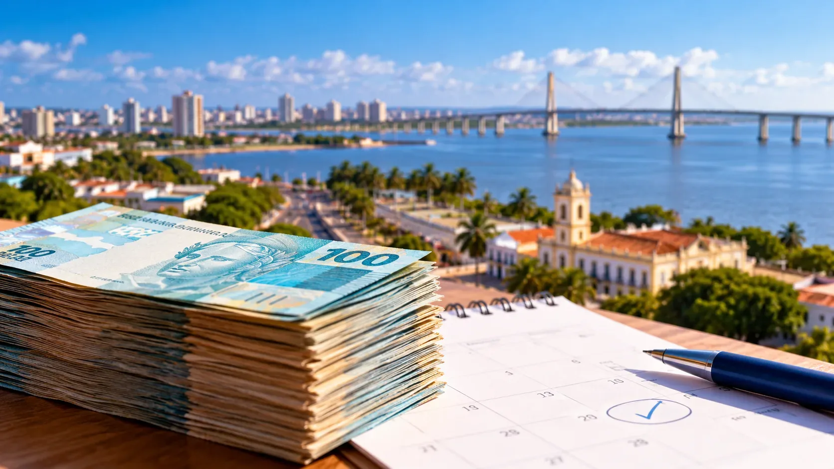 Ilustração editorial de cédulas brasileiras ao lado de calendário e caneta, com paisagem urbana e ponte ao fundo.
