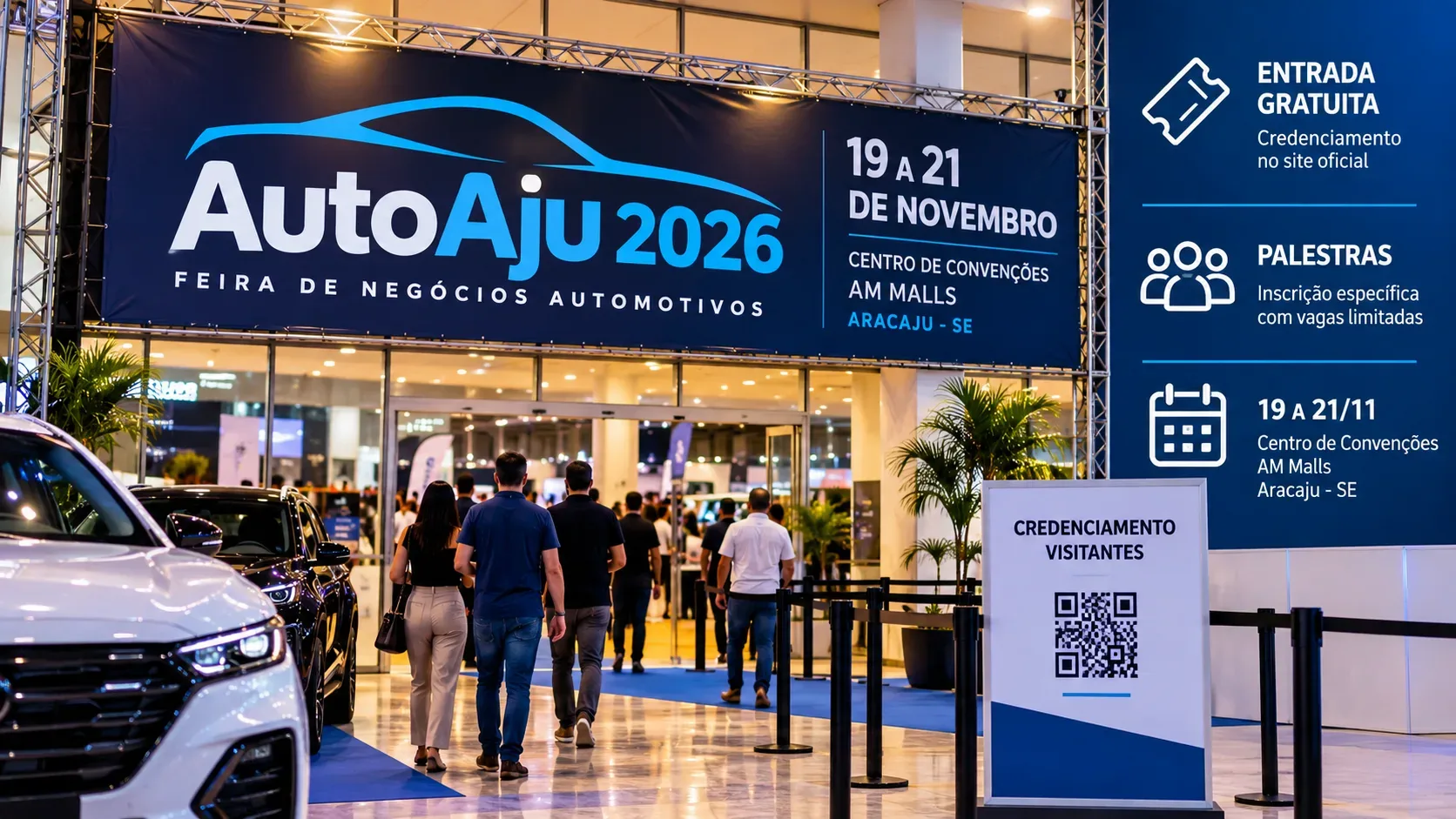 Ilustração digital de entrada de feira automotiva, com carros em exposição, visitantes caminhando e painéis de credenciamento com QR Code.