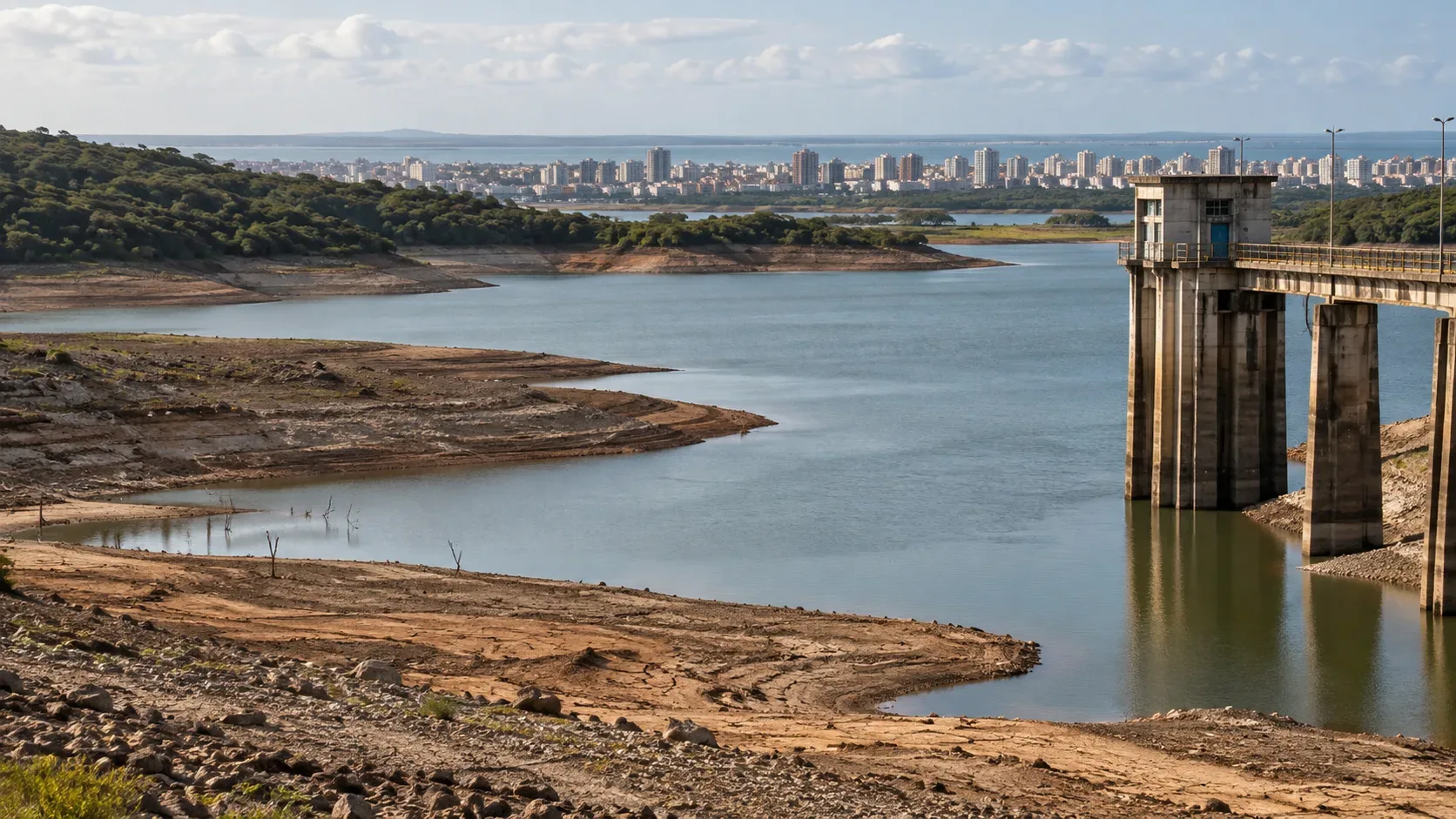 Arte editorial de reservatório com margens secas expostas, torre de captação à direita e cidade ao fundo.