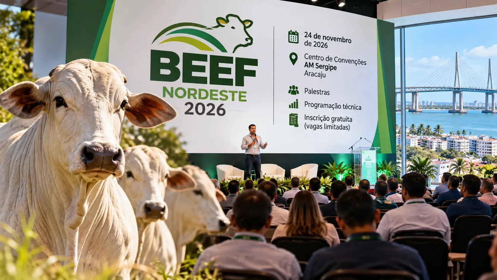 Ilustração editorial de bovinos brancos diante de uma plateia em congresso de pecuária, com painel verde e branco sobre o Beef Nordeste 2026.