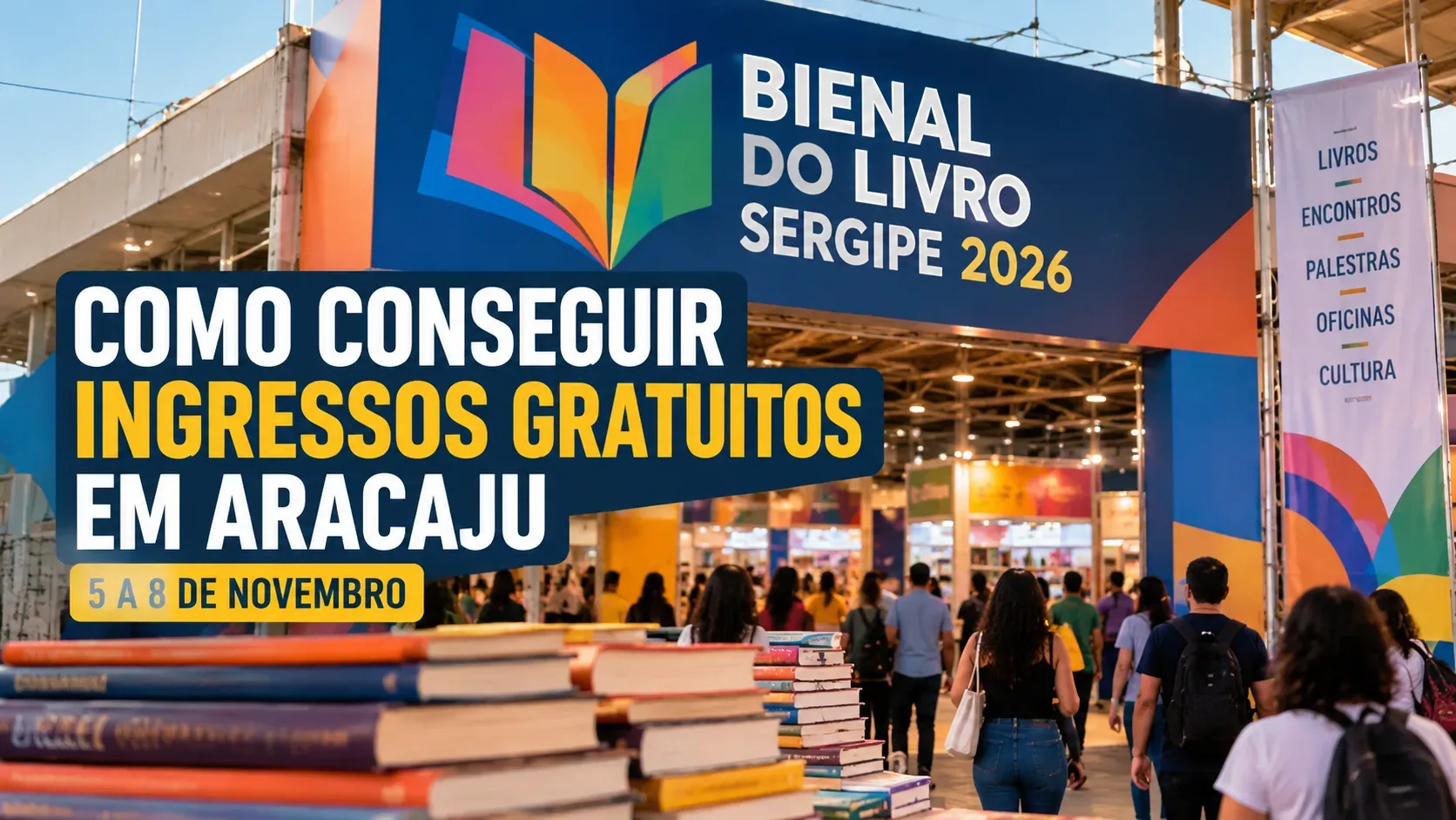 Arte editorial ilustrativa com entrada de feira do livro, pilhas de livros, visitantes e textos gráficos sobre a Bienal do Livro Sergipe 2026 e ingressos gratuitos.