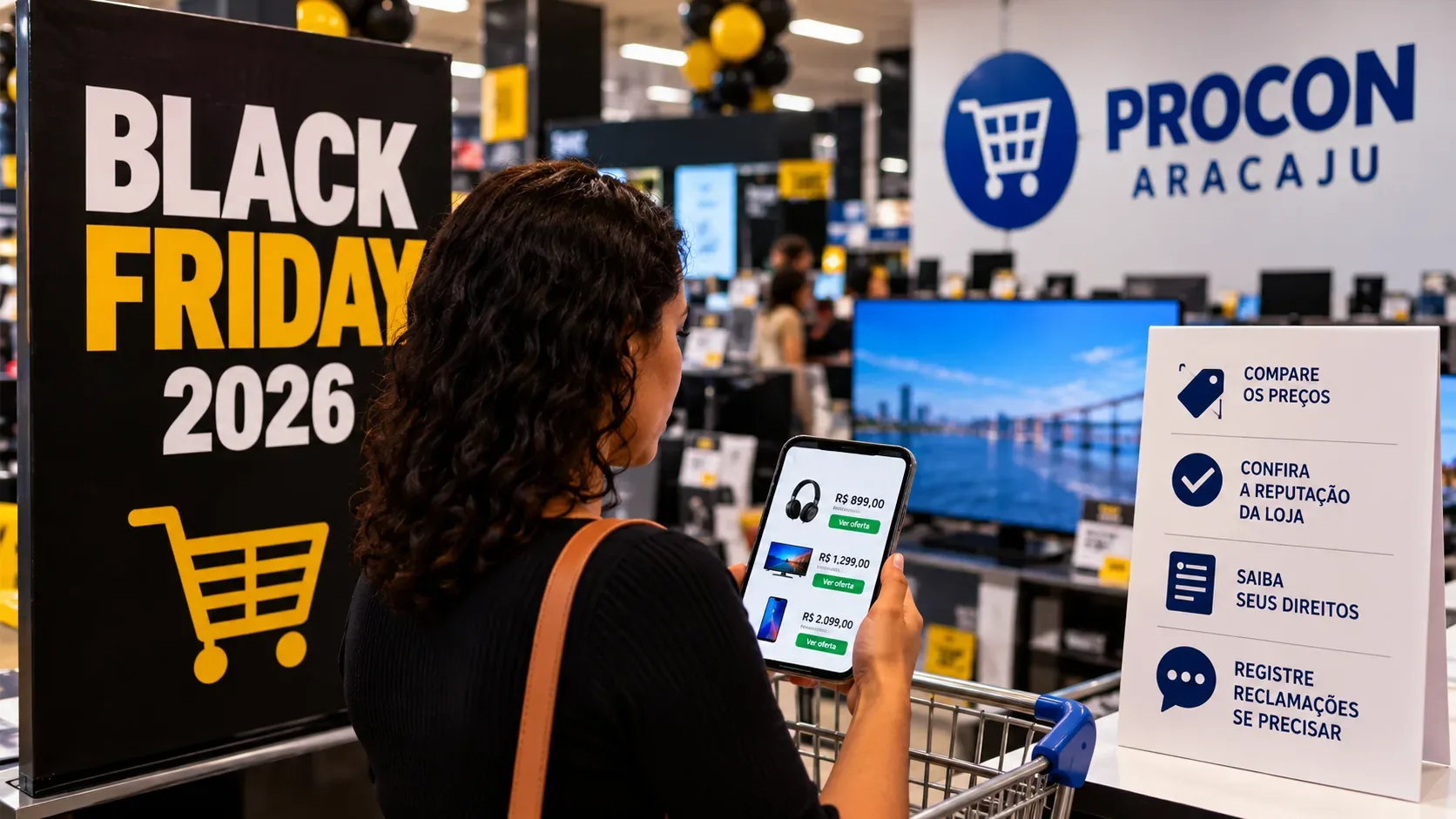 Ilustração editorial de consumidora comparando ofertas no celular em loja de eletrônicos, com cartaz de Black Friday 2026 e painel alusivo ao Procon Aracaju.