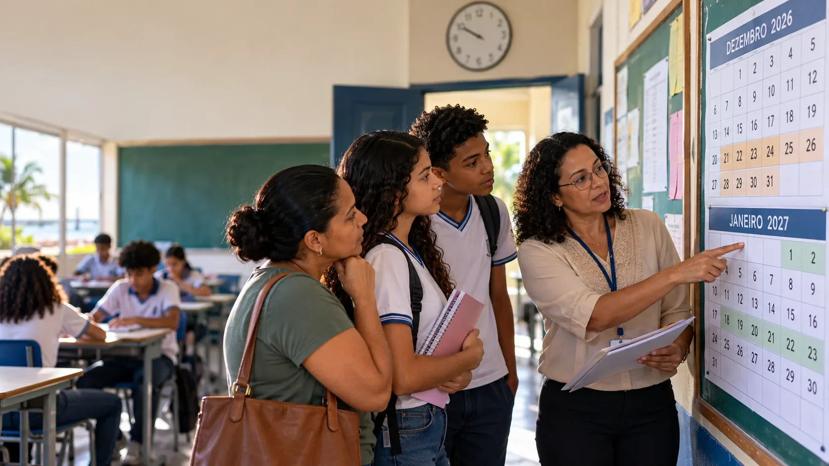 Ilustração editorial de professora, estudantes e responsável observando calendários de dezembro de 2026 e janeiro de 2027 em uma escola.