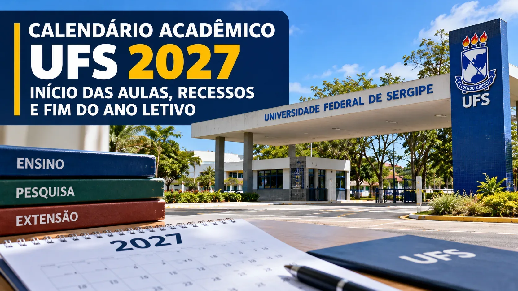 Arte editorial ilustrativa com chamada sobre o calendário UFS 2027, entrada universitária estilizada, livros, agenda de 2027 e caneta.