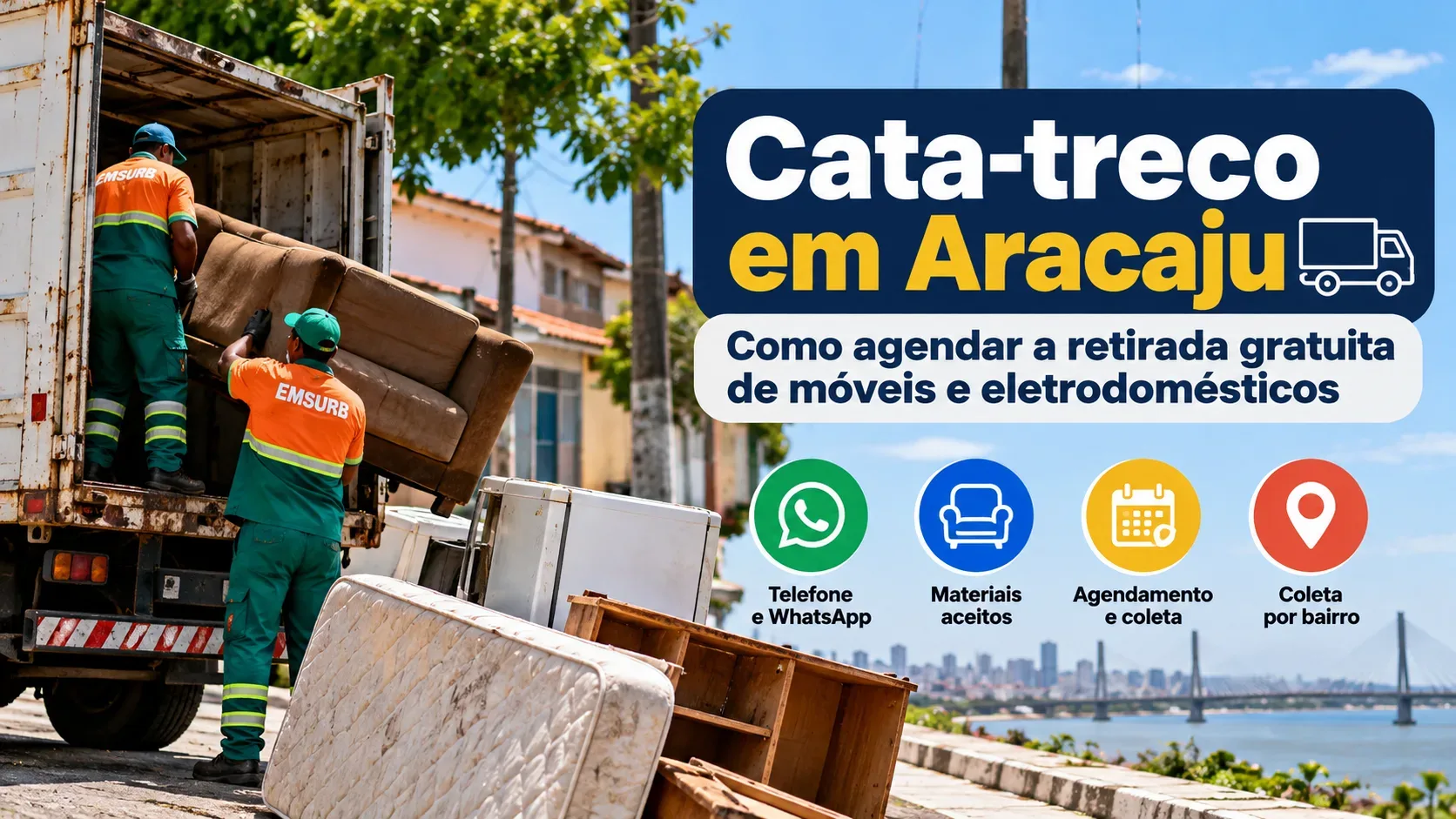 Montagem editorial ilustrativa com trabalhadores uniformizados levando um sofá para um caminhão, móveis e eletrodomésticos na calçada e infográfico com ícones de telefone, sofá, calendário e localização.