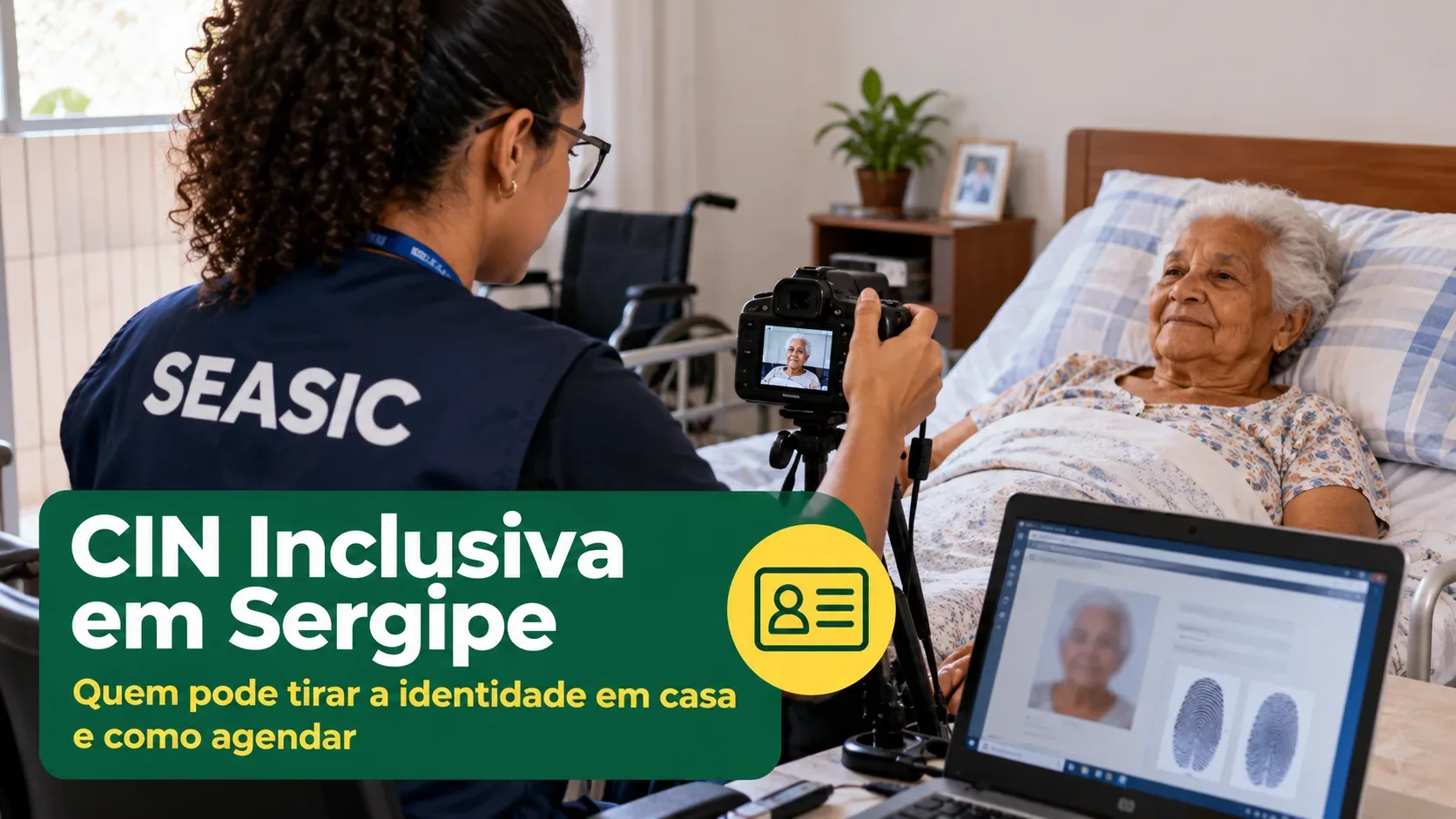 Arte ilustrativa de profissional fotografando uma idosa deitada em uma cama, com câmera, cadeira de rodas e notebook com imagem e impressões digitais; a capa contém a chamada CIN Inclusiva em Sergipe.