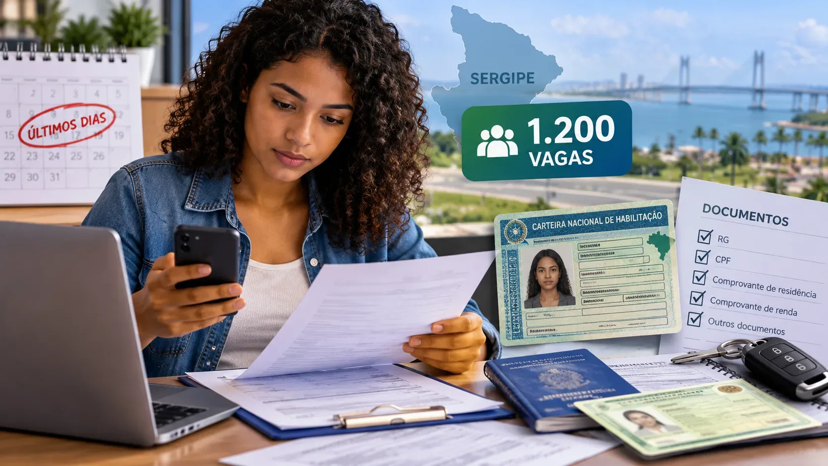 Ilustração editorial de uma jovem com cabelo cacheado olhando documentos e celular diante de laptop; aparecem uma CNH ilustrativa, lista de documentos, calendário, mapa de Sergipe e indicação de 1.200 vagas.