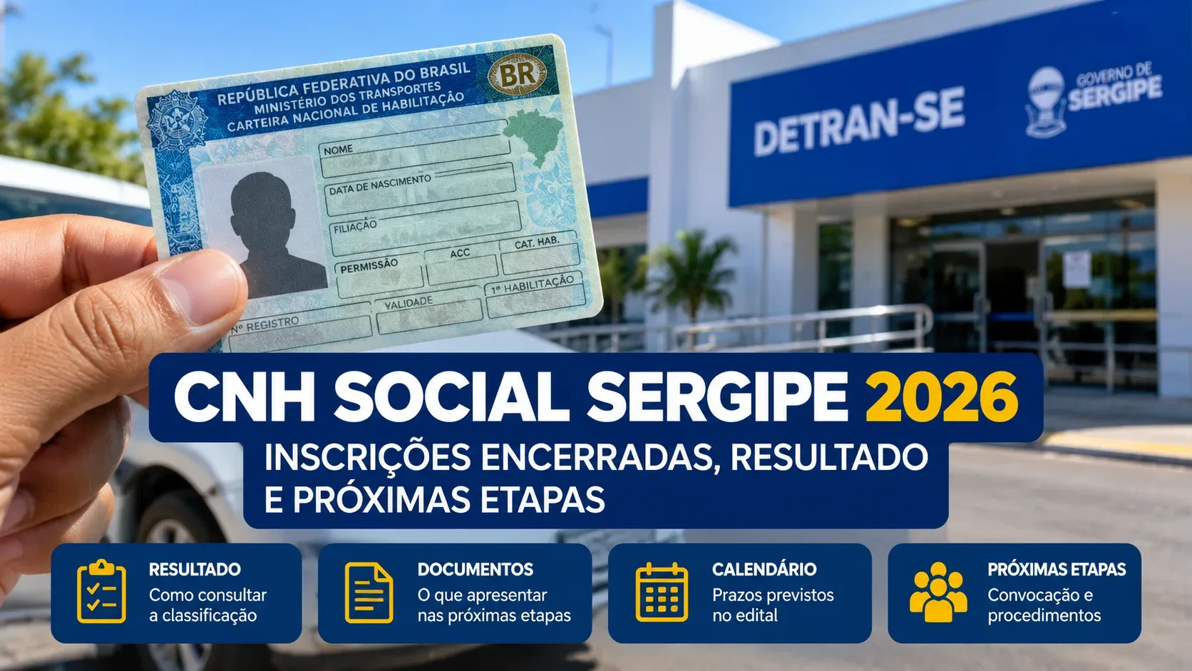 Montagem editorial ilustrativa com mão segurando uma CNH fictícia diante de fachada representativa do Detran-SE; textos em azul e amarelo destacam CNH Social Sergipe 2026, resultados, documentos e calendário.