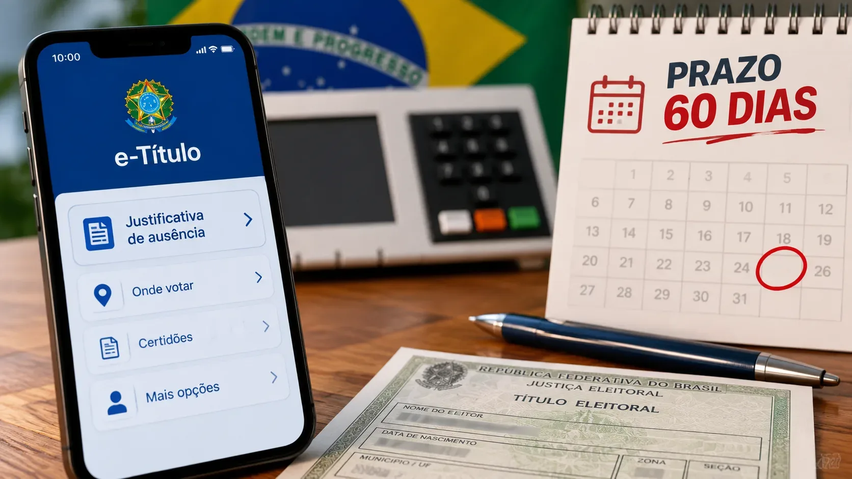 Ilustração editorial de celular com tela alusiva ao e-Título, calendário com a inscrição Prazo 60 Dias, título eleitoral, caneta, urna eletrônica desfocada e cores da bandeira do Brasil ao fundo. Não é captura oficial do aplicativo.