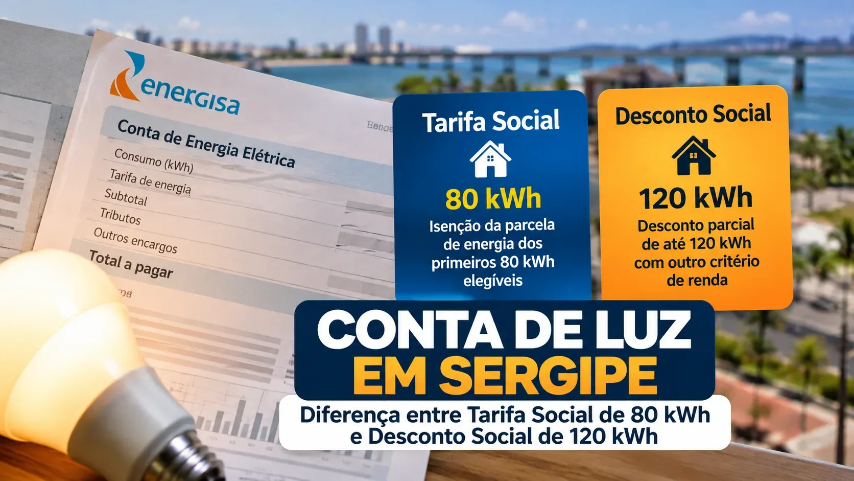 Arte editorial com conta ilustrativa da Energisa, lâmpada acesa e painéis informativos comparando Tarifa Social de 80 kWh e Desconto Social de 120 kWh, diante de paisagem urbana desfocada.