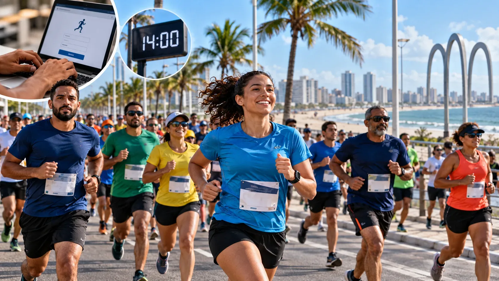 Ilustração editorial de corredores em avenida litorânea, com destaque para mulher de camiseta azul e detalhes de inscrição online e relógio marcando 14h.