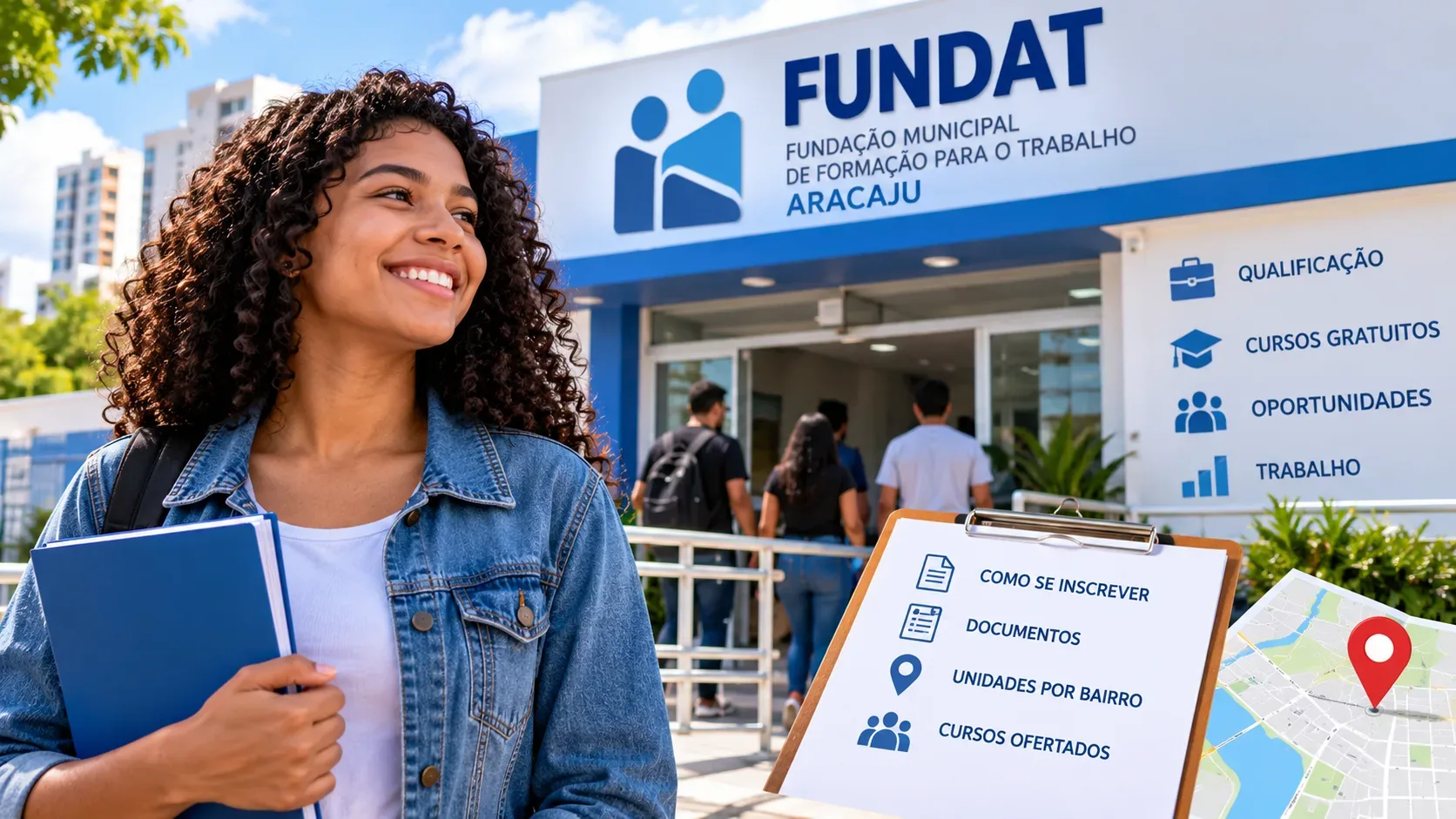 Ilustração editorial de jovem com pasta azul diante de fachada estilizada com a palavra Fundat, ao lado de prancheta com orientações e mapa esquemático.