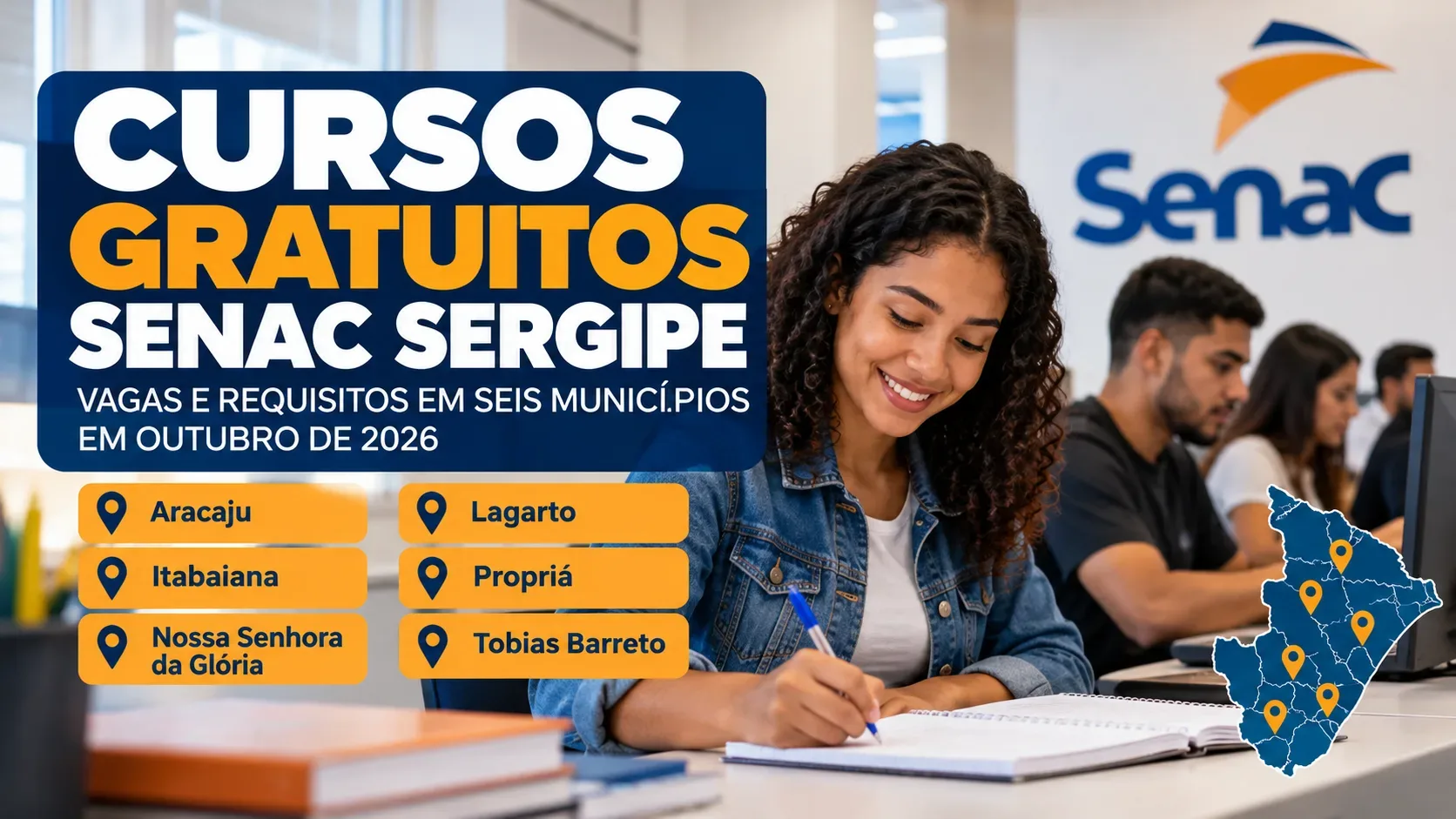 Ilustração editorial de estudantes em sala com computadores, painel azul e laranja sobre cursos gratuitos do Senac Sergipe, nomes de seis municípios e mapa estilizado do estado.