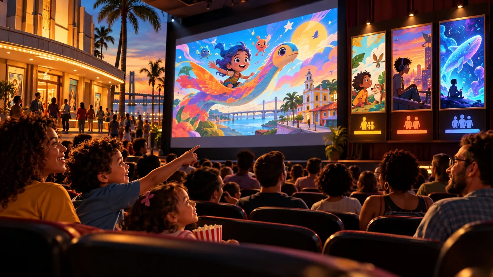 Ilustração editorial de famílias e crianças em sala de cinema diante de tela com animação colorida, com cartazes ilustrados nas paredes.