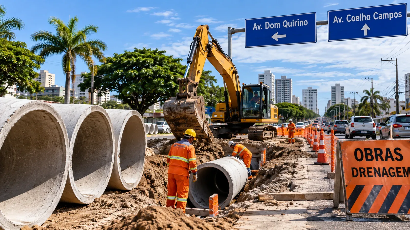 Ilustração editorial de obras de drenagem urbana com tubos de concreto, escavadeira, trabalhadores, carros e placas identificando Dom Quirino e Coelho Campos.