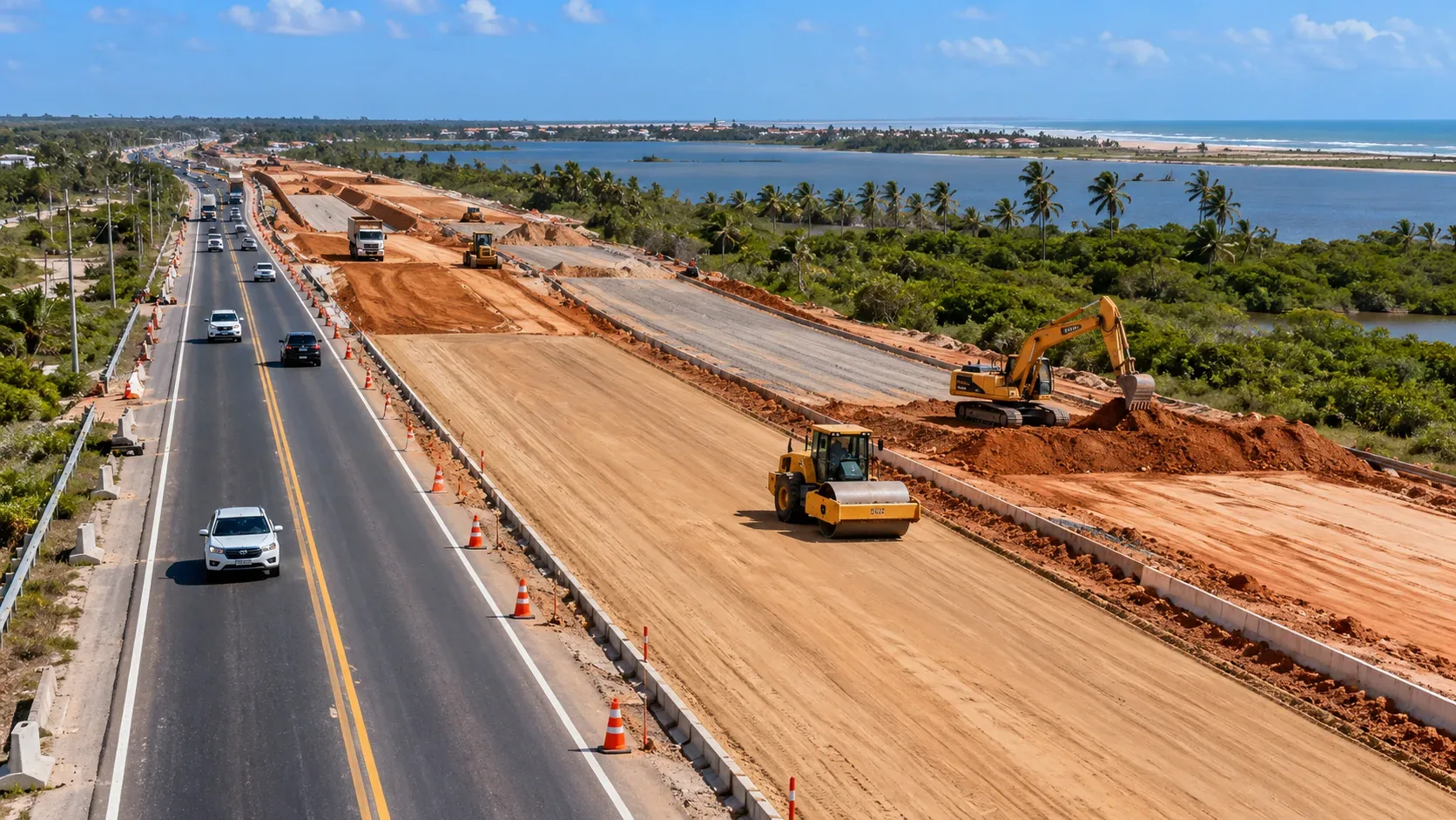 Ilustração editorial de rodovia costeira, com veículos na pista asfaltada e faixa paralela em terraplanagem, máquinas pesadas, cones, palmeiras e água ao fundo; não é fotografia da obra real.