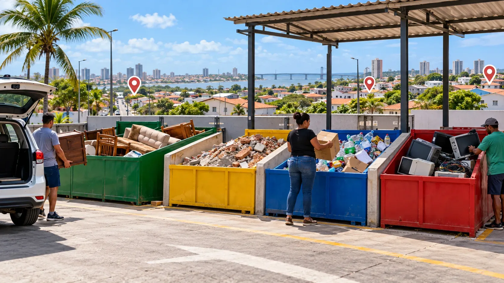 Ilustração editorial de um ecoponto urbano, com contêineres verde, amarelo, azul e vermelho para móveis, entulho, recicláveis e eletrônicos, pessoas fazendo descarte e cidade ao fundo.