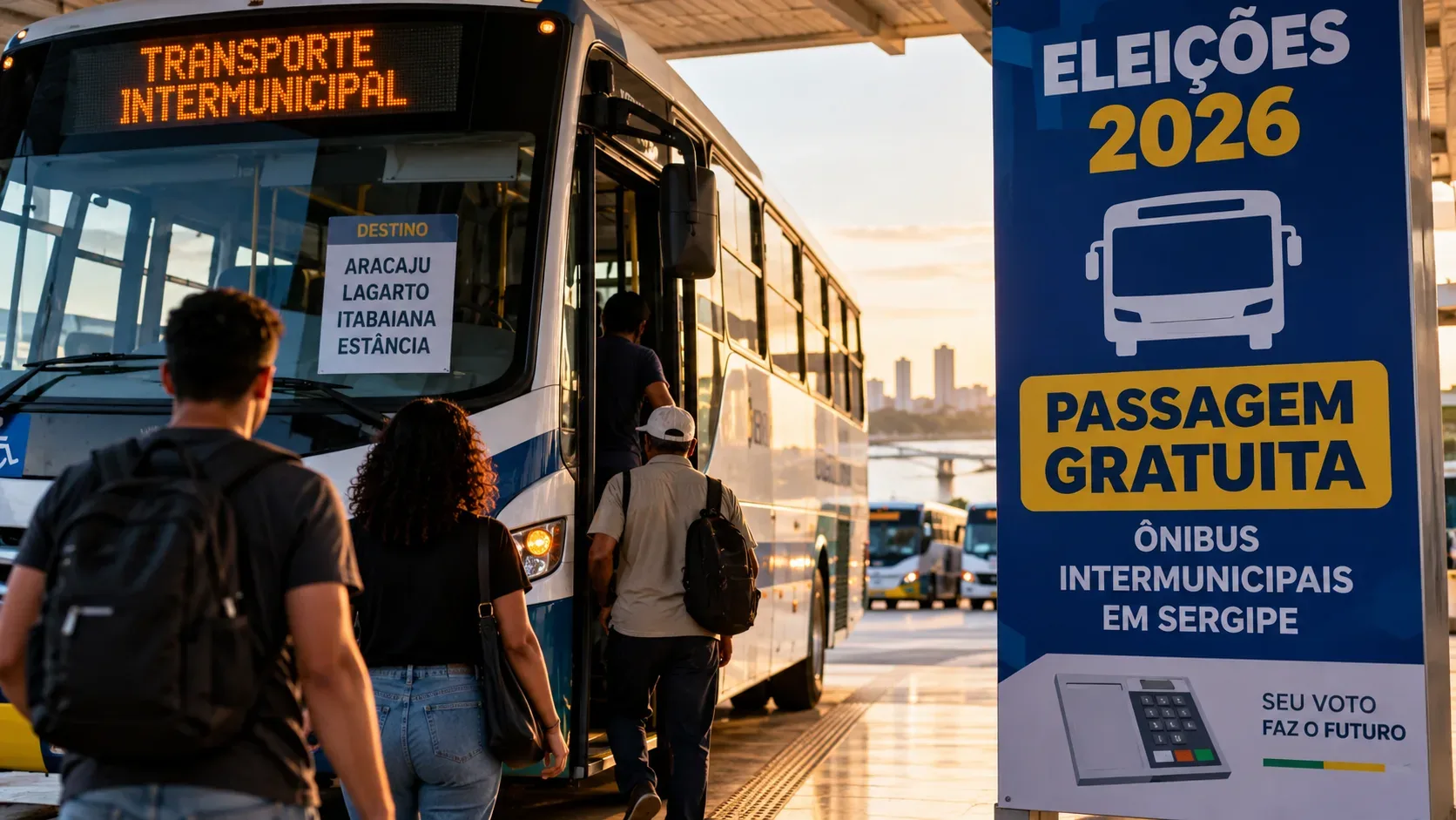 Capa ilustrativa de passageiros embarcando em ônibus intermunicipal em terminal, ao lado de painel azul das Eleições 2026 sobre passagem gratuita em Sergipe.