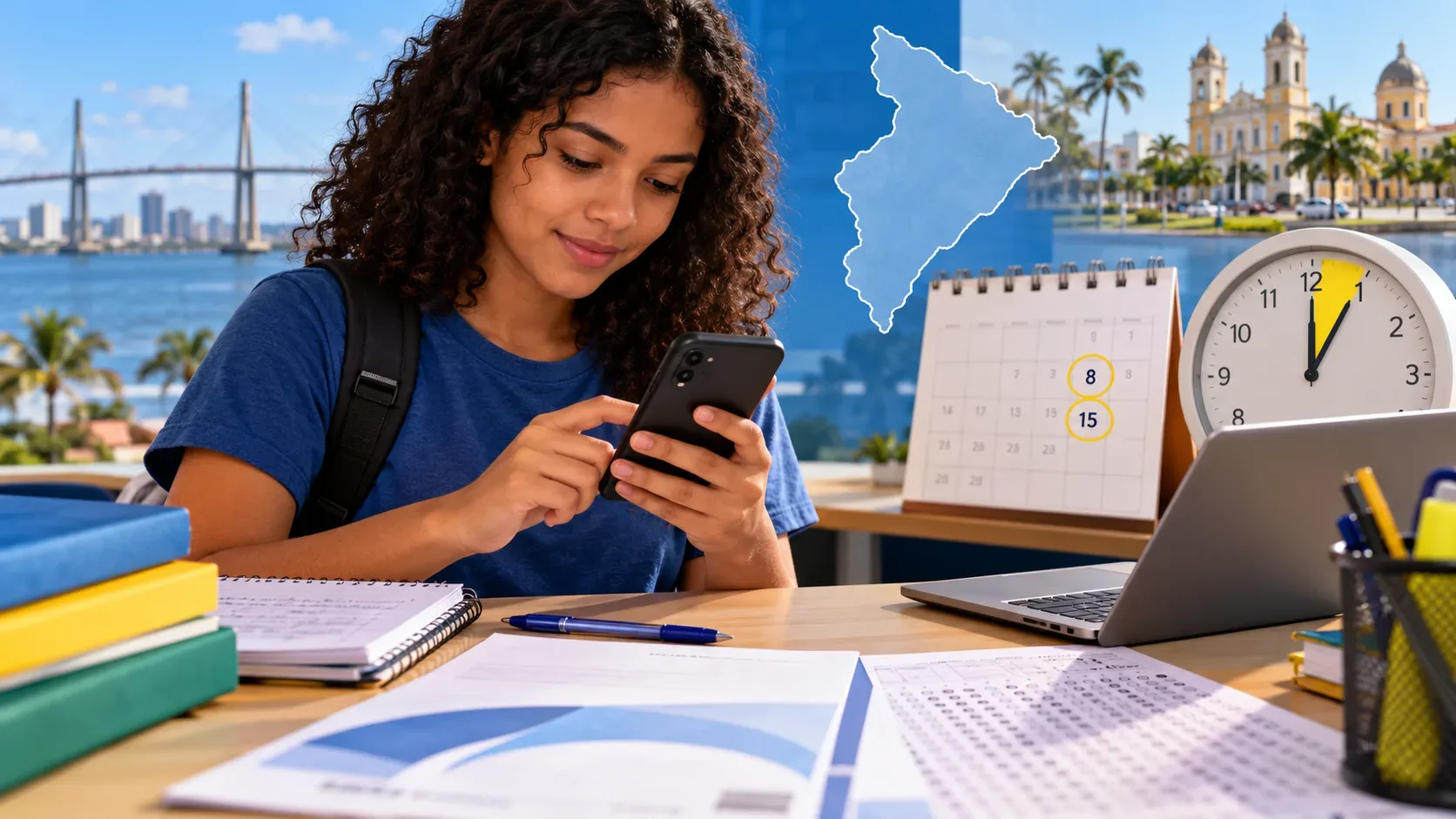 Ilustração editorial de estudante com celular e materiais de estudo, calendário com dias 8 e 15 assinalados, relógio e mapa estilizado de Sergipe.