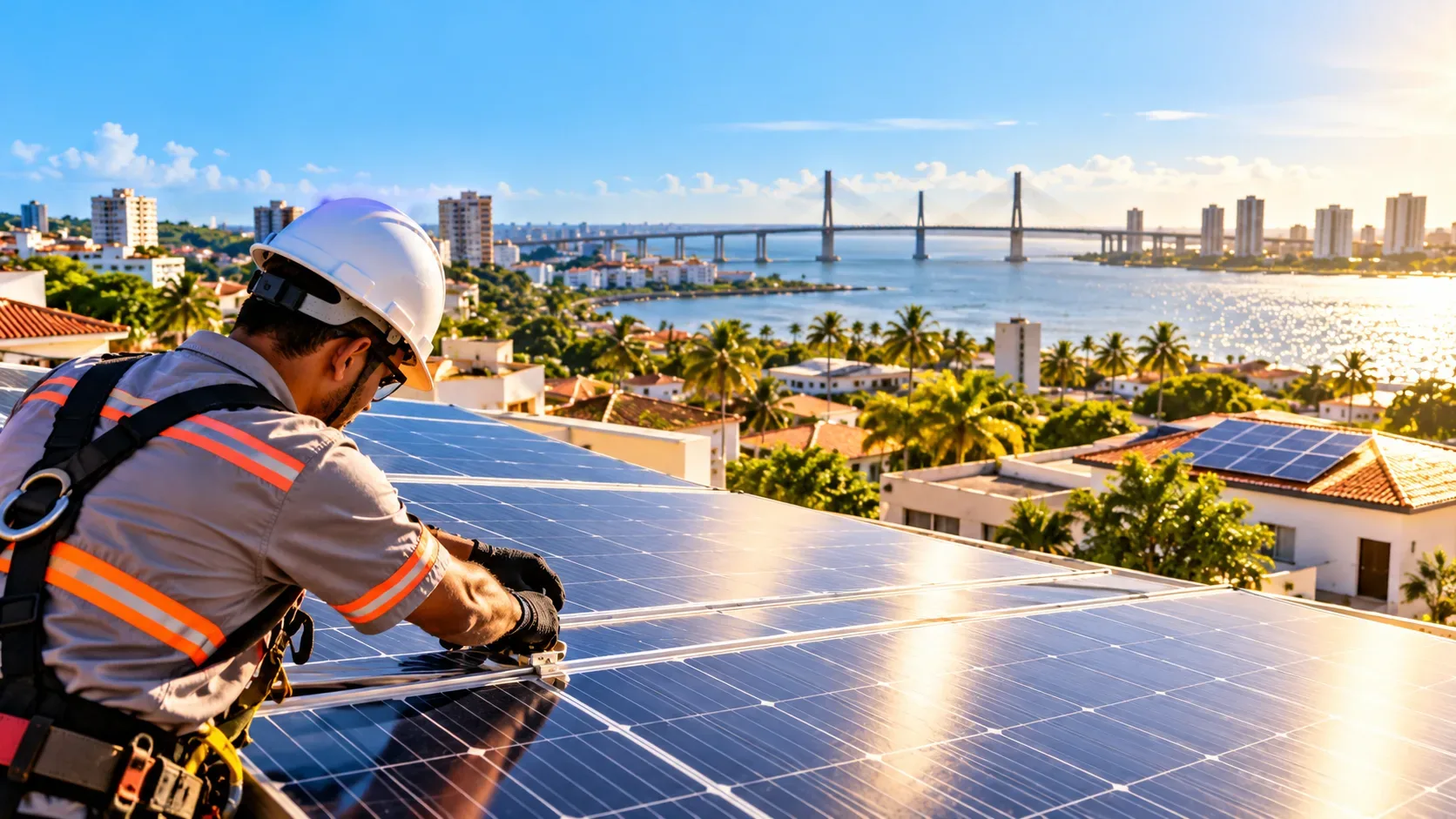 Arte editorial ilustrativa com painéis solares sobre telhado, trabalhador com capacete, paisagem urbana junto à água e chamada comercial para WhatsApp.
