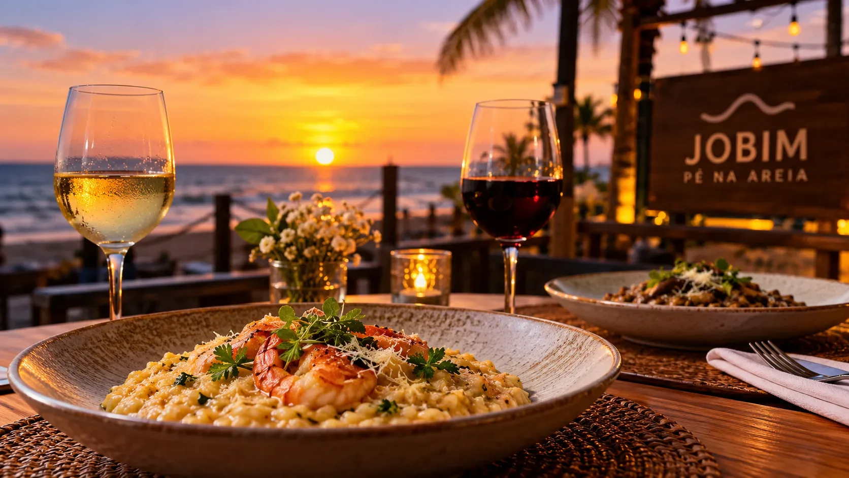 Ilustração editorial de mesa à beira-mar ao pôr do sol, com pratos de risoto, taças de vinho e iluminação aconchegante.