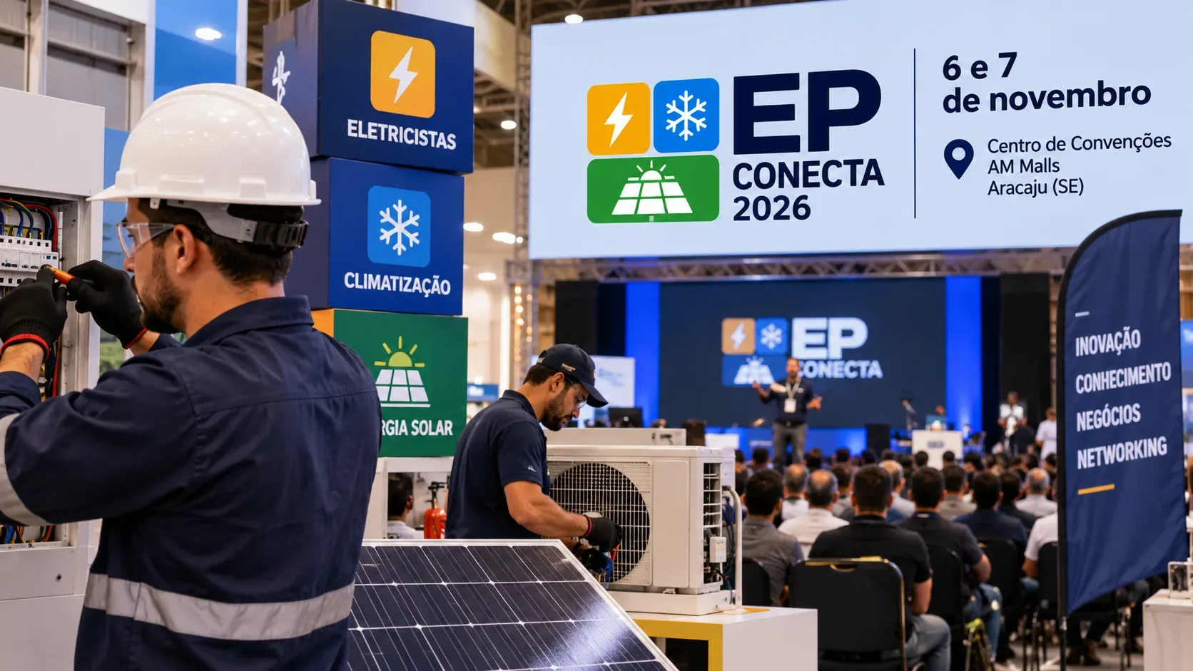Ilustração editorial de feira técnica com eletricista, equipamento de climatização, painel solar, plateia e telão com identificação EP Conecta 2026.