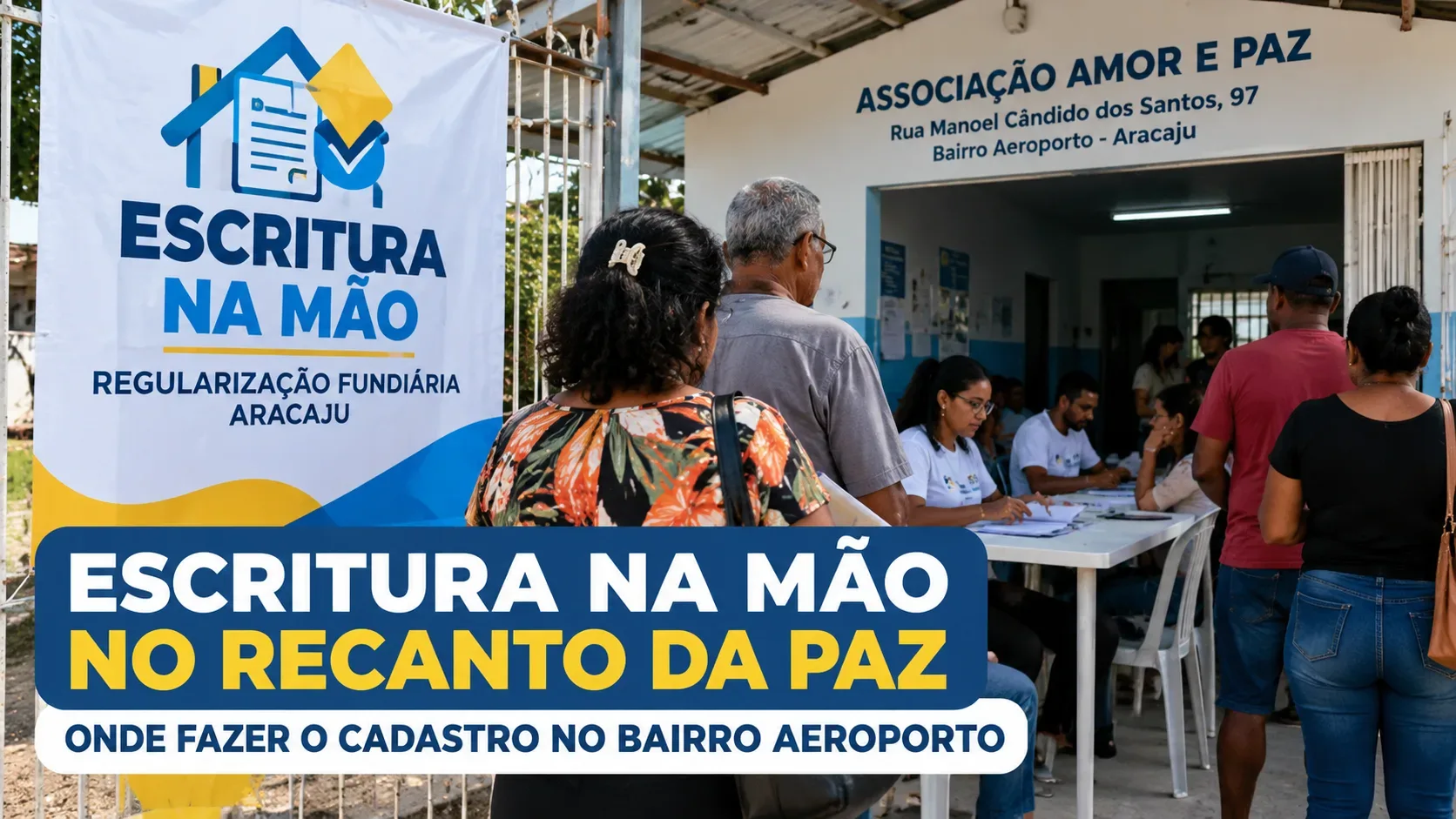 Ilustração editorial de um ponto de cadastro com moradores e atendentes, placa da Associação Amor e Paz e arte azul e amarela sobre o Escritura na Mão.