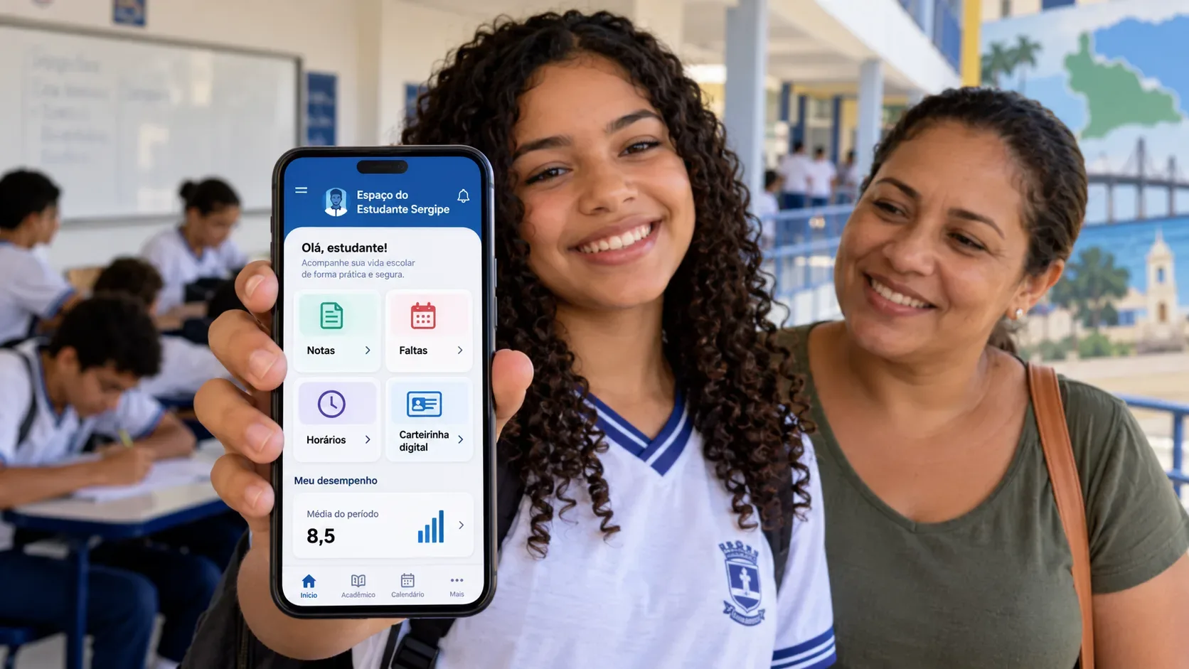 Ilustração editorial de estudante sorridente de uniforme branco e azul mostrando um celular com interface ilustrativa de notas, faltas, horários e carteirinha digital, ao lado de uma mulher adulta em ambiente escolar.
