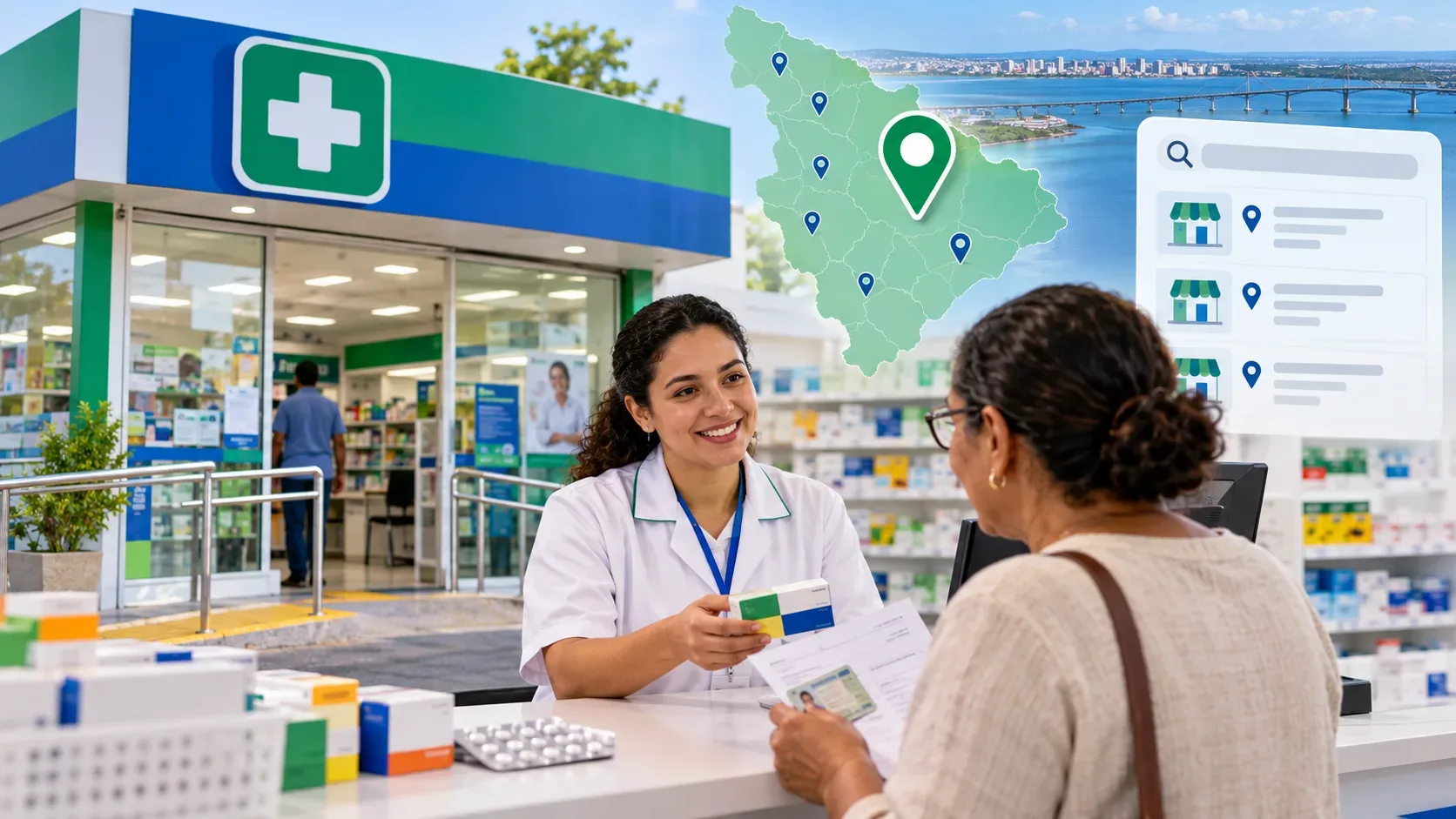 Ilustração editorial de atendimento em farmácia, com profissional entregando medicamento a uma mulher que segura documentos, mapa de Sergipe e ícones de localização.