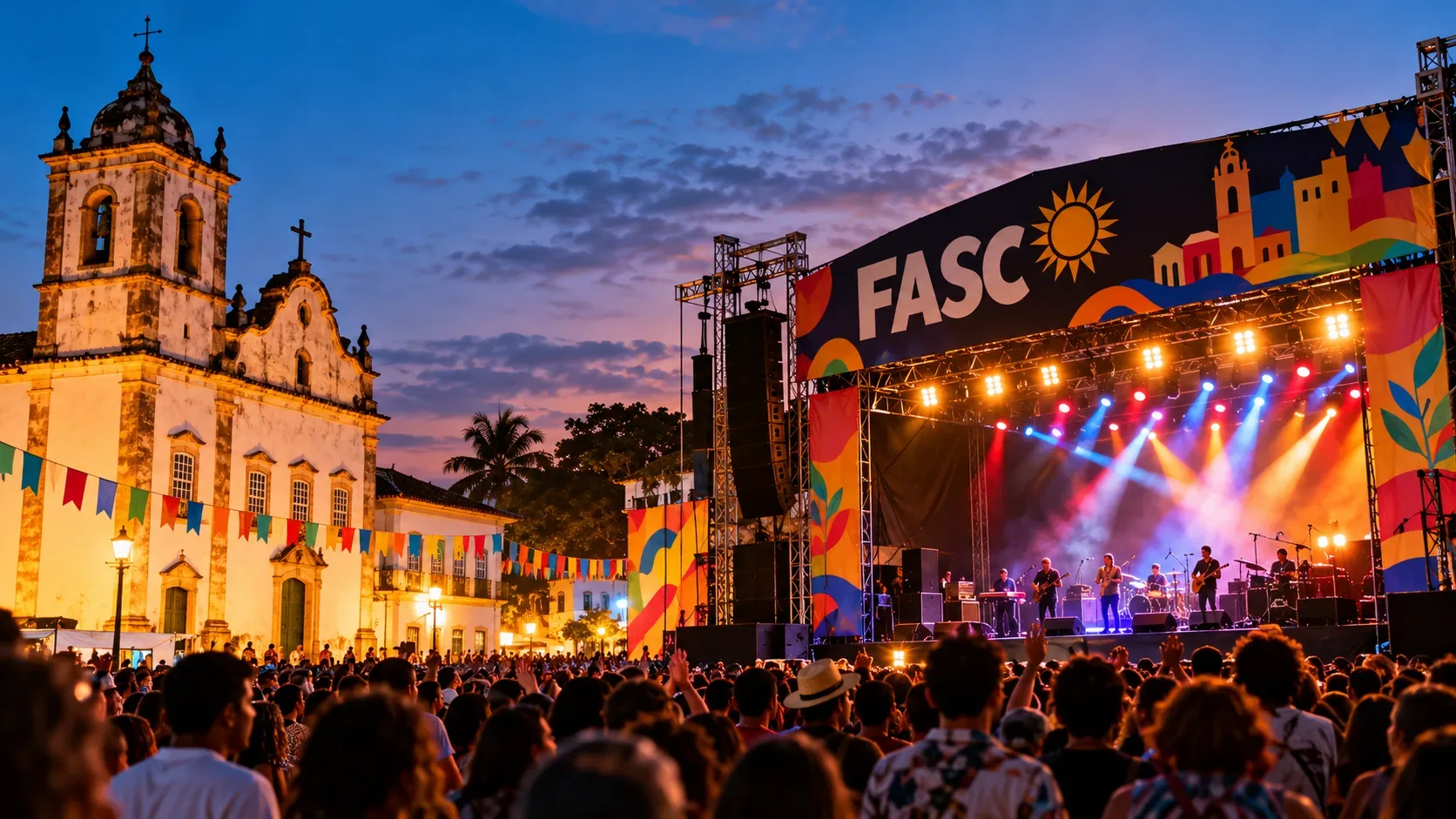 Arte editorial de um festival noturno, com multidão diante de palco iluminado e igreja histórica ao lado.