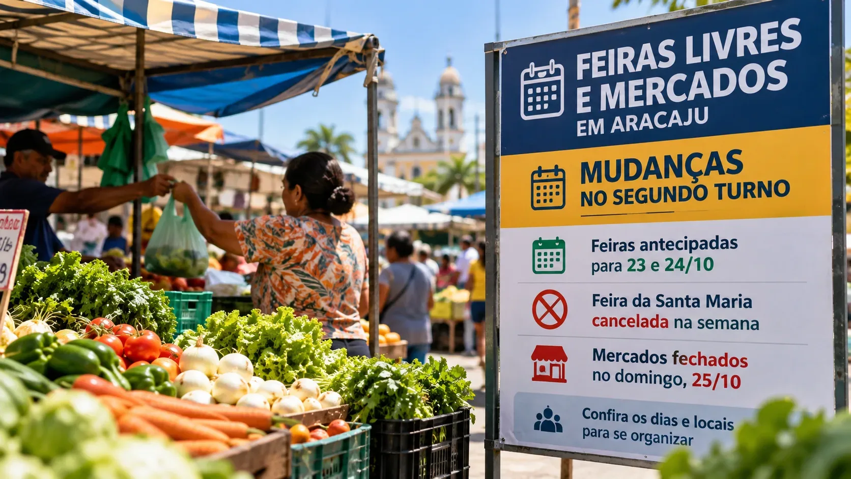 Imagem sintética ilustrativa de feira livre, com bancas de verduras, compradores e painel informativo sobre mudanças do segundo turno em Aracaju.