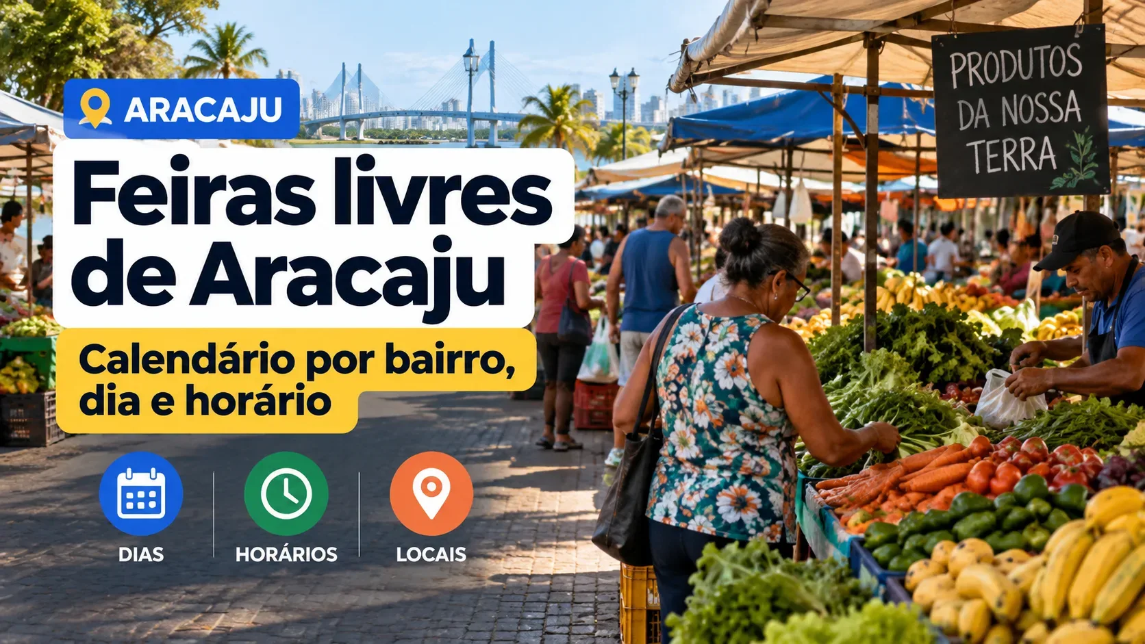 Arte editorial de feira ao ar livre com bancas de frutas e verduras, consumidores e painel ilustrado com título, calendário, relógio e marcador de localização.