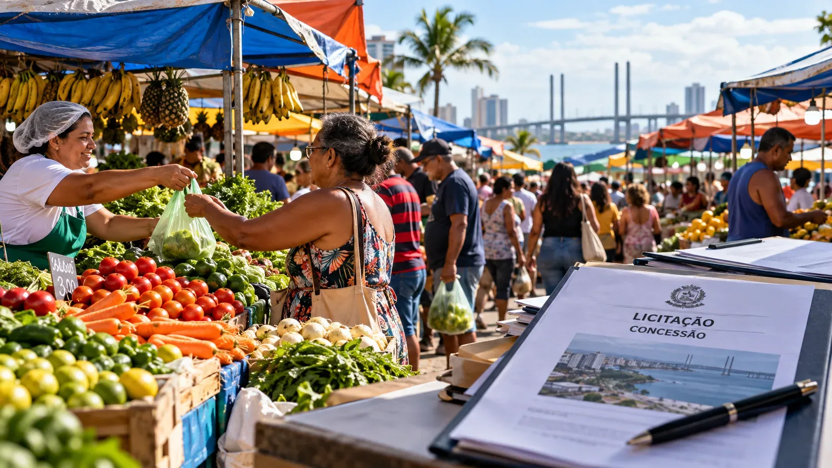 Imagem ilustrativa de feira livre movimentada, com barracas de frutas e verduras, feirante atendendo uma cliente e documentos de licitação em primeiro plano.