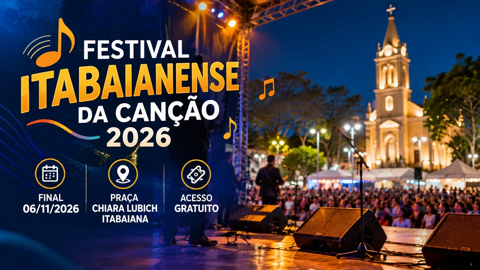 Arte ilustrativa noturna de palco musical diante de público e torre de igreja iluminada, com título Festival Itabaianense da Canção 2026 e informações de data, local e acesso gratuito.