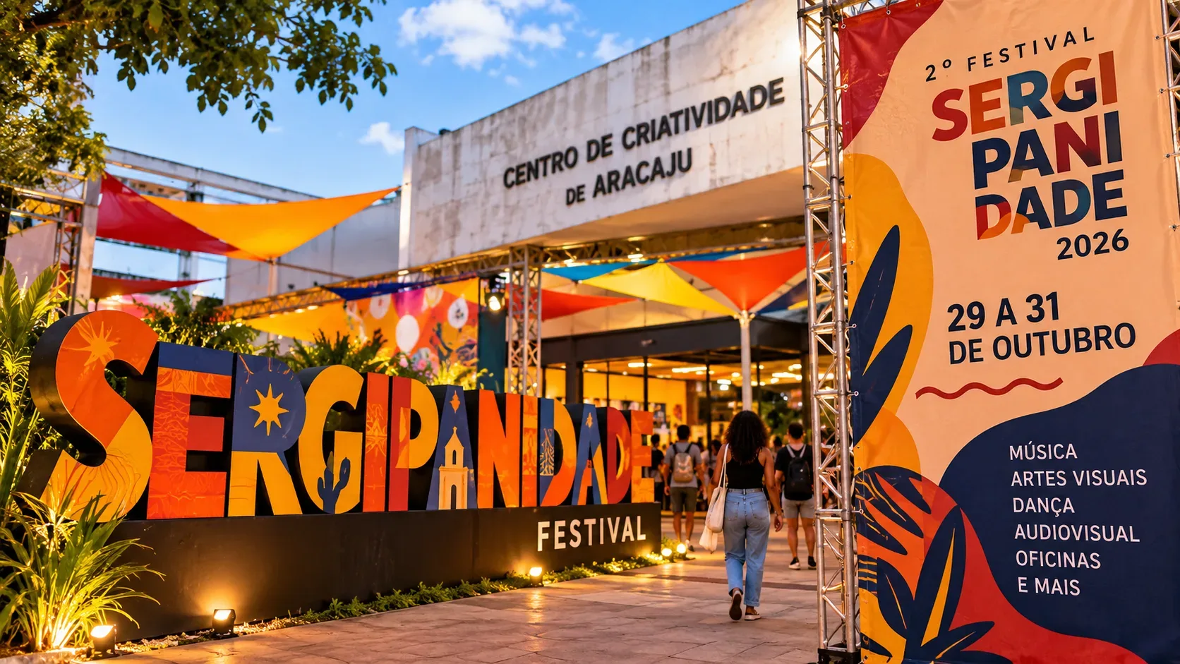 Ilustração editorial colorida da entrada de um centro cultural decorado para o Festival Sergipanidade 2026, com painéis, estrutura festiva e visitantes.