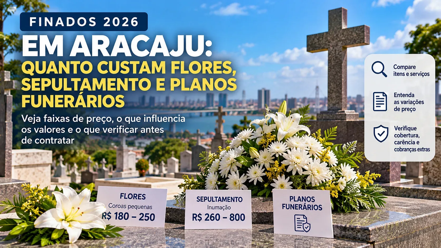 Arte editorial sintética com flores brancas, cruzes de cemitério e cidade ao fundo, título Finados 2026 e cartões ilustrativos de preços.