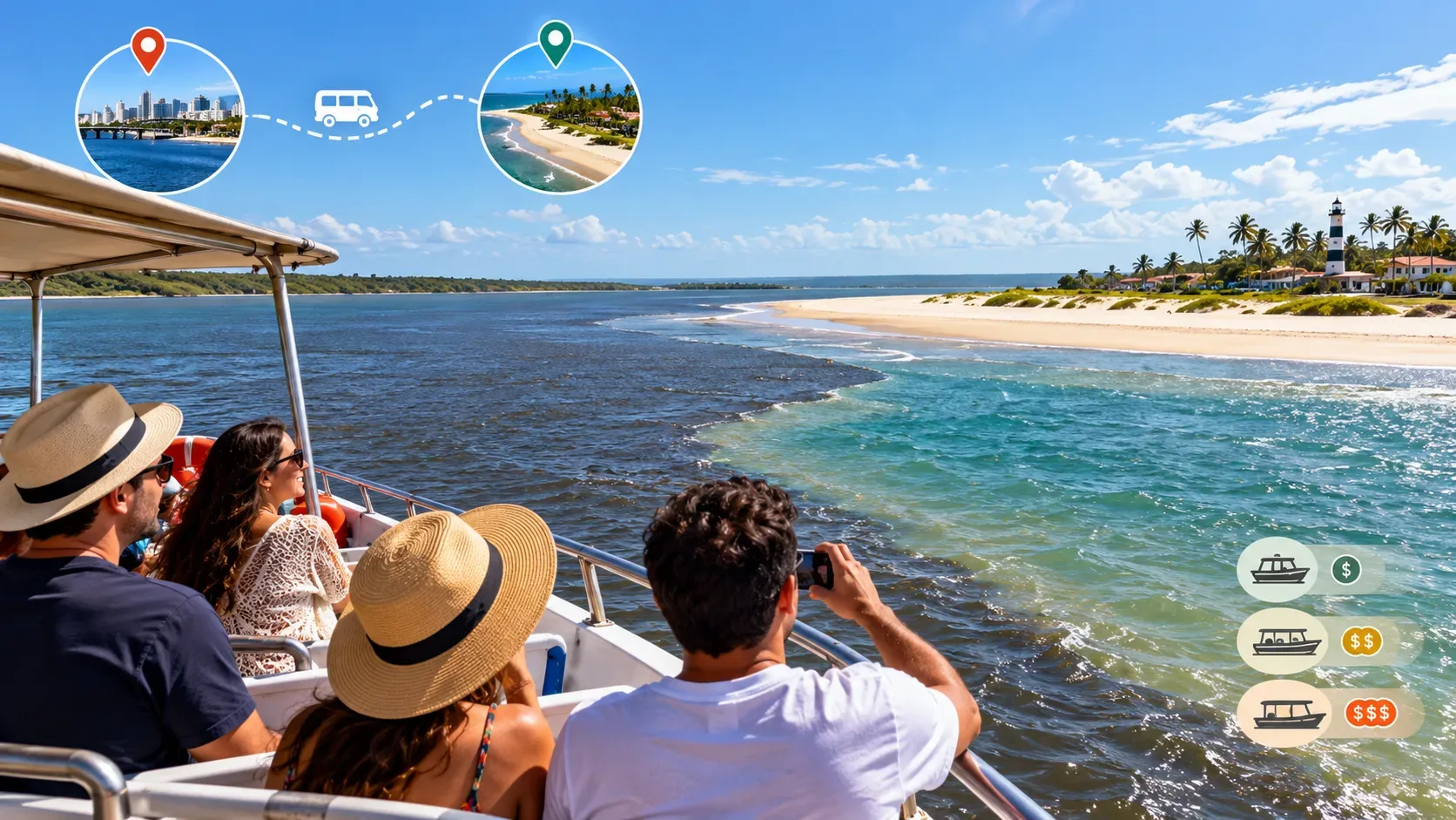 Ilustração editorial horizontal de passeio de barco com turistas na foz de um rio, com praia arenosa, coqueiros, água azul e ícones discretos de trajeto e comparação de preços.