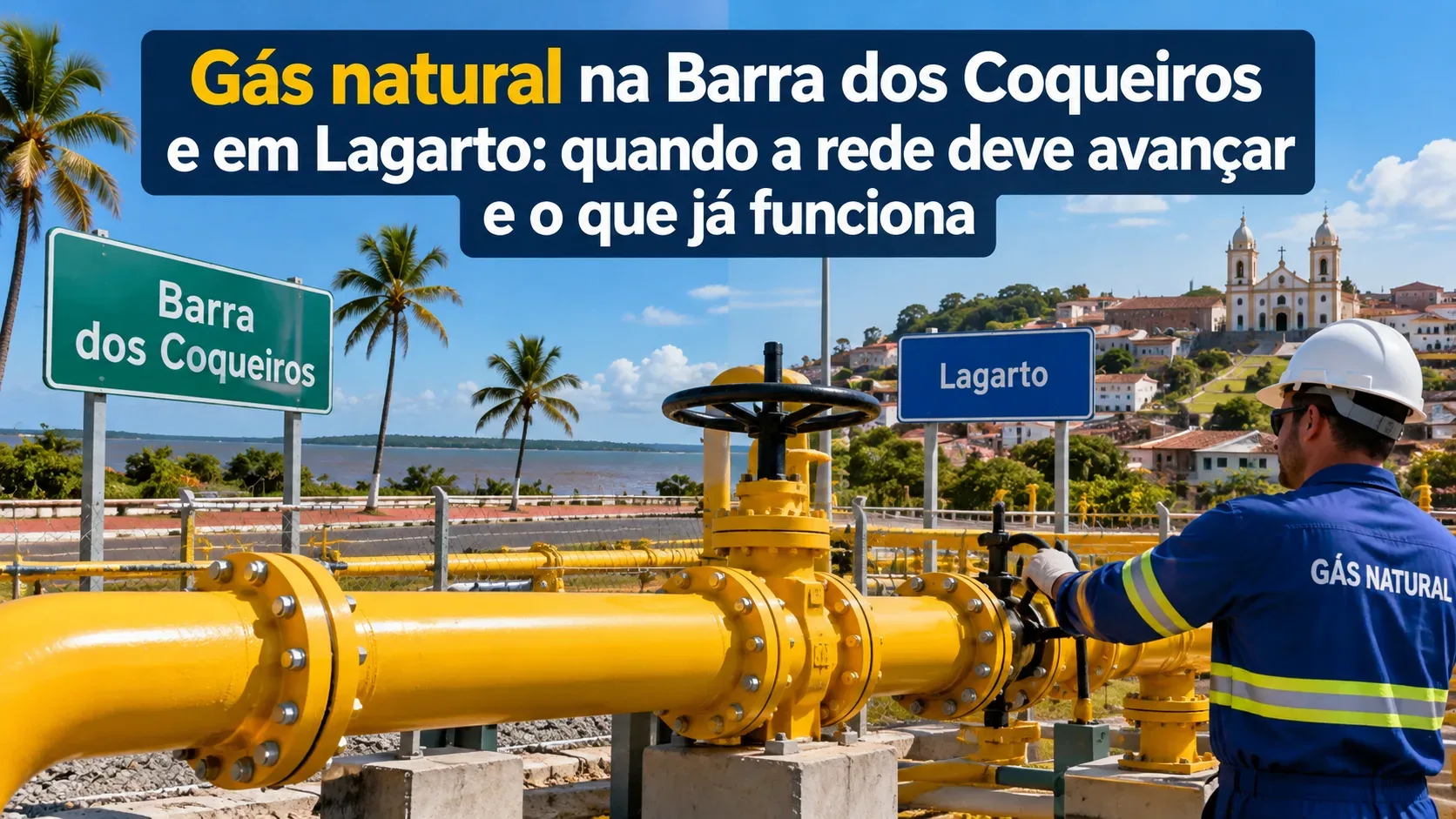 Ilustração editorial com grandes tubos amarelos de gás, trabalhador de capacete, paisagem costeira à esquerda e cidade à direita, além de manchete e placas de Barra dos Coqueiros e Lagarto.