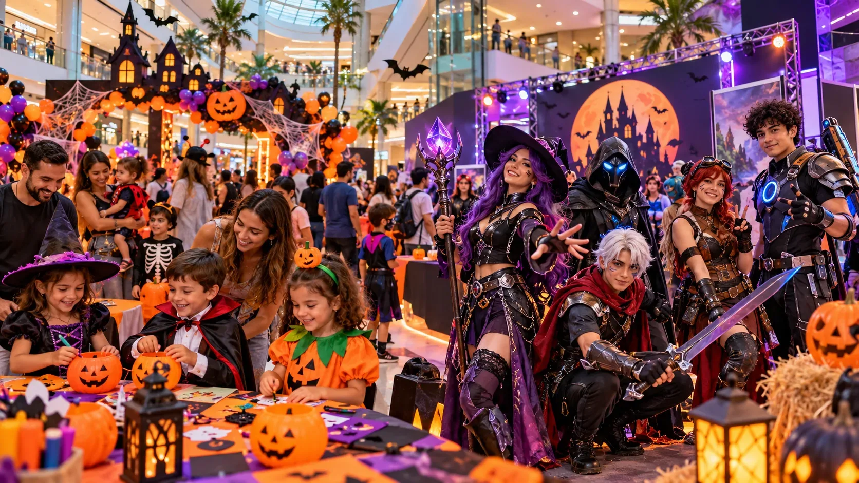 Ilustração editorial de festa de Halloween em shopping, com crianças fantasiadas em atividades à esquerda e cosplayers à direita, entre abóboras e iluminação roxa e laranja.