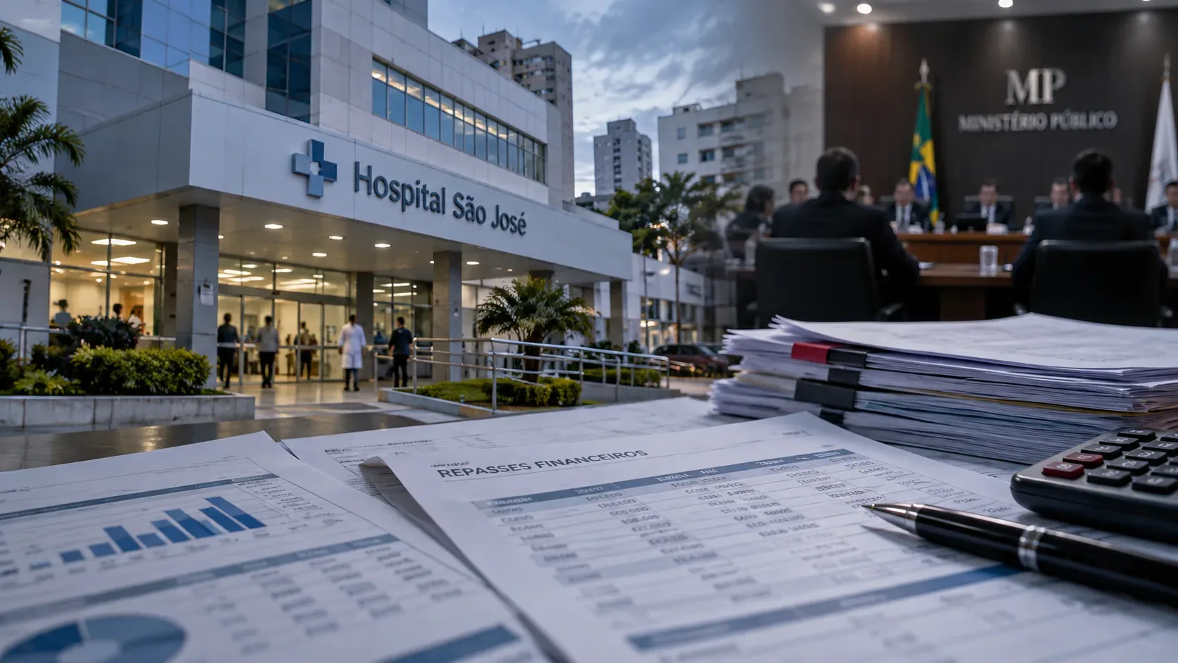 Montagem editorial com fachada identificada como Hospital São José, sala de audiência ao fundo e documentos de repasses financeiros e calculadora em primeiro plano.