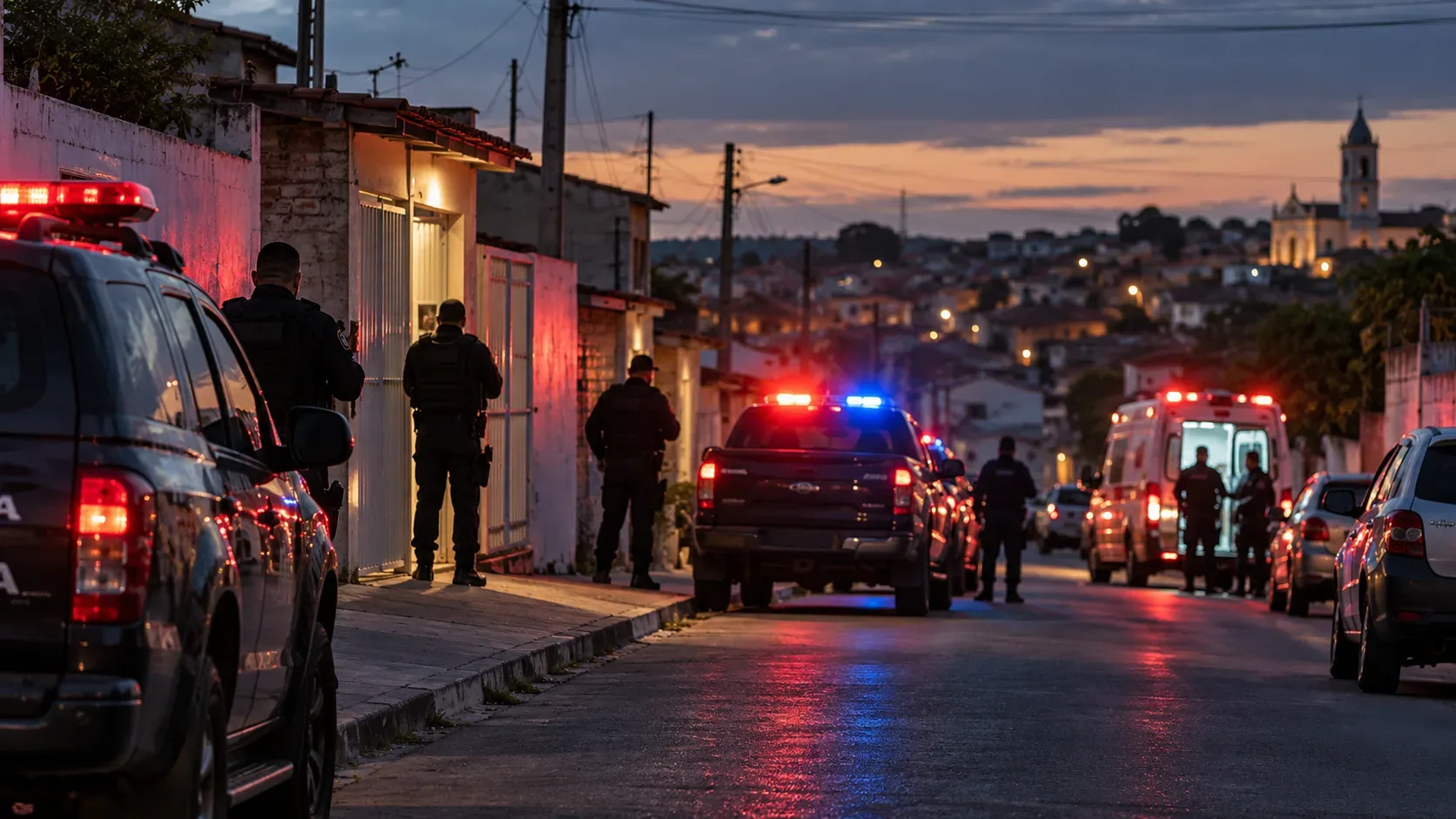 Ilustração editorial de rua ao entardecer, com viaturas de polícia, agentes e ambulância sob luzes vermelhas e azuis; não representa registro do caso real.