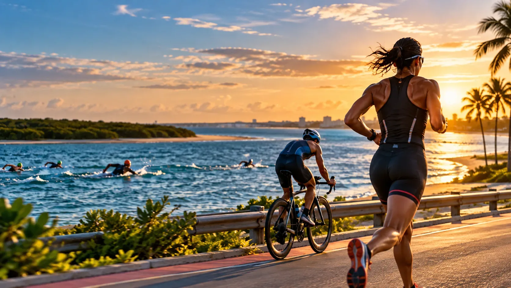 Ilustração editorial de triatlo ao pôr do sol, com nadadores na água, um ciclista e uma corredora em via litorânea com palmeiras.