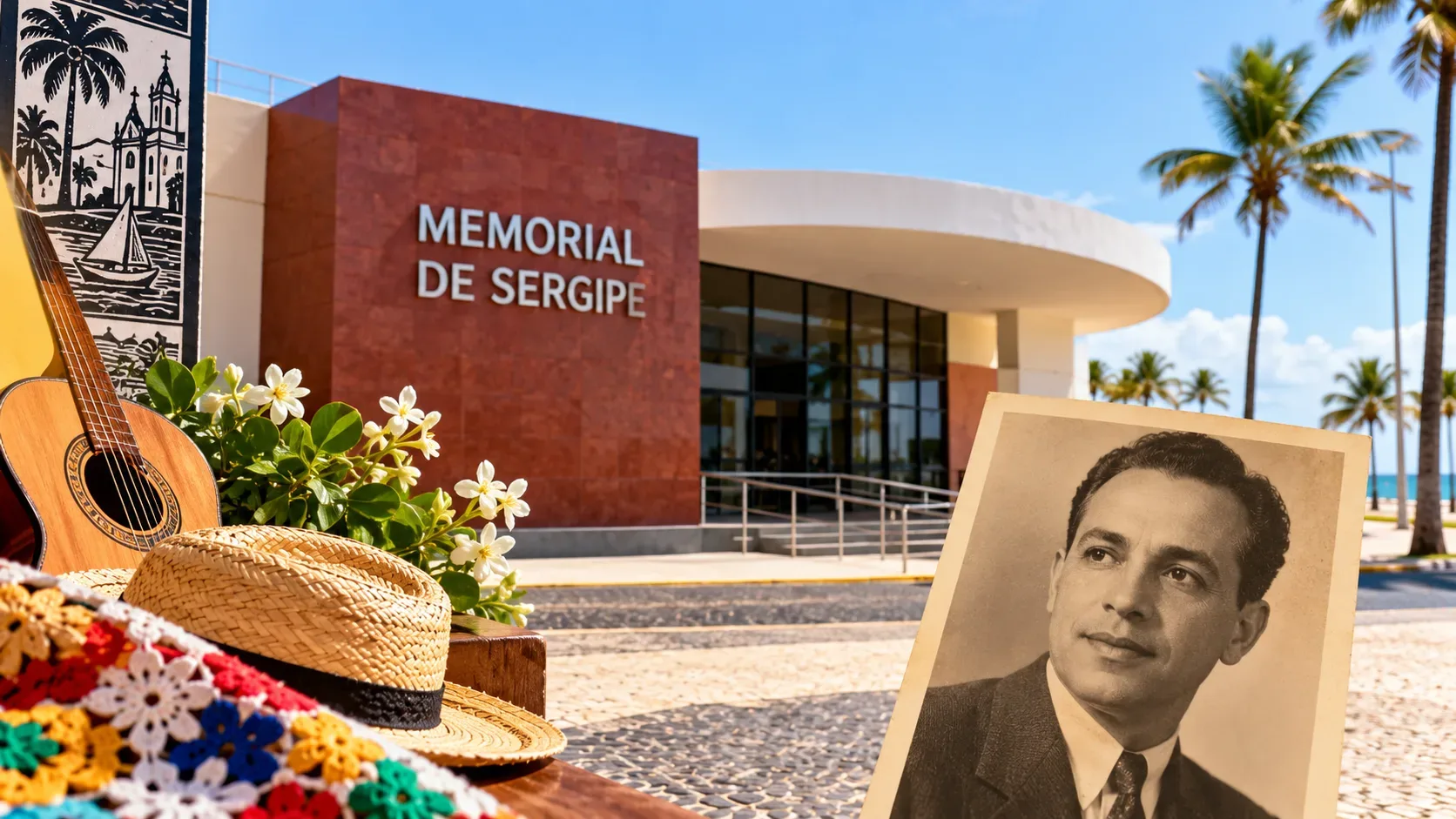 Capa editorial ilustrativa com fachada identificada como Memorial de Sergipe, coqueiros, violão, chapéu de palha, tecido colorido e retrato simbólico em sépia.