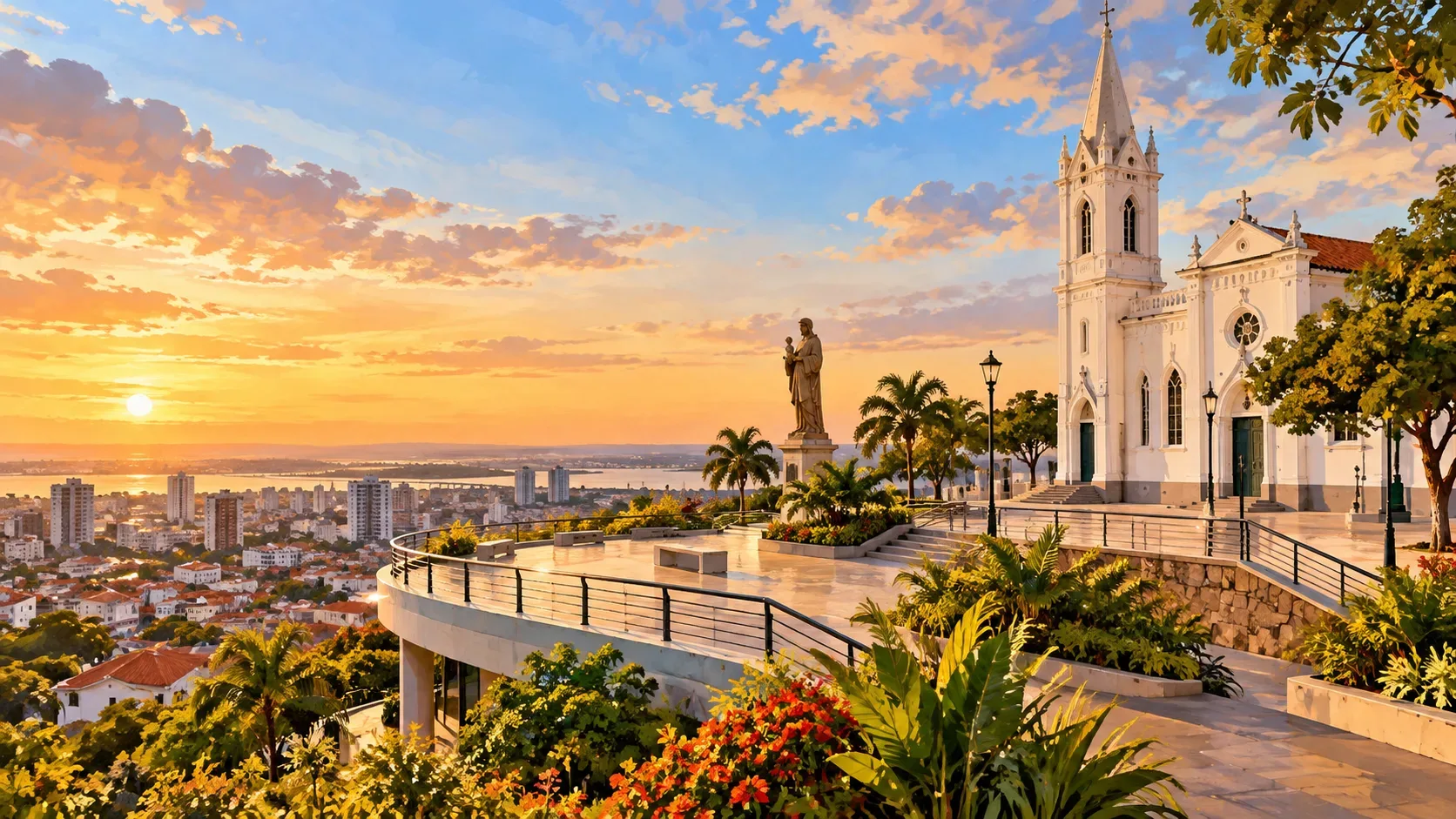 Ilustração editorial de colina com igreja branca, estátua religiosa e terraço panorâmico diante da cidade ao pôr do sol.