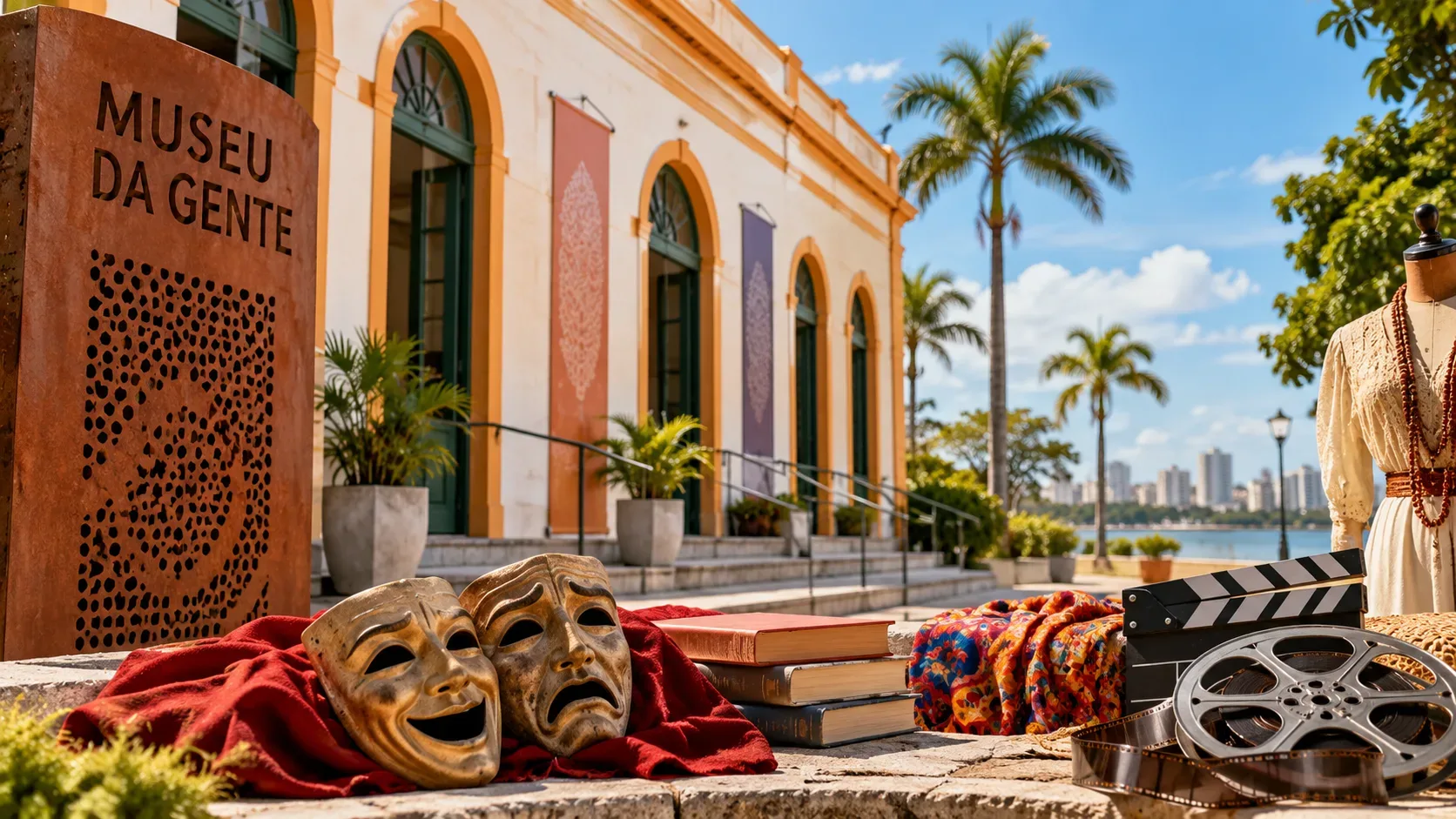 Ilustração editorial do Museu da Gente Sergipana à beira-rio, com máscaras de teatro, livros, tecidos coloridos, manequim e rolo de filme em primeiro plano.