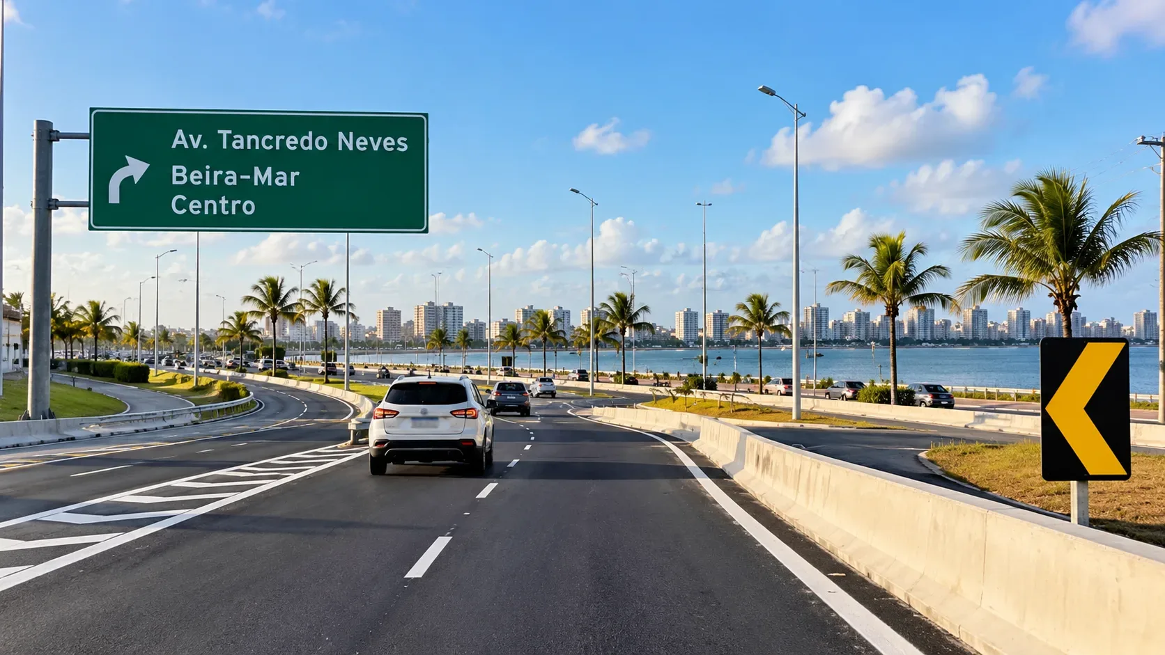 Ilustração editorial de via urbana à beira d'água com carros, palmeiras e placa indicando Tancredo Neves, Beira-Mar e Centro. Não é foto do acesso real.